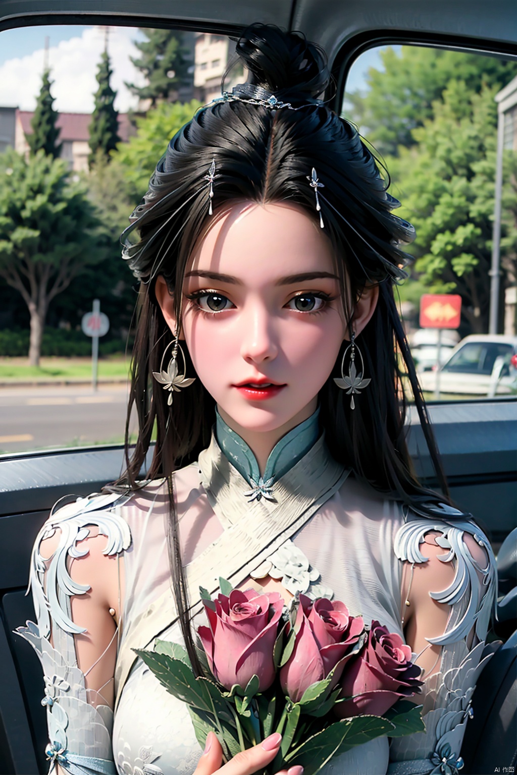 cinematic film still no humans, a car full of roses, covered with roses, pink roses, a cute little white cat sitting in the driver's seat, head out of the side window, holding a bouquet of red roses, adorable kawaii, chibi, fluffy, smile,happy, open mouth, laugh, looking up to viewers,cheerful,Chris LaBrooy, rossdraws global illumination, aestheticism, flying patels add a romantic fantasy atmosphere,cartoonish,excited,pixar, . shallow depth of field, vignette, highly detailed, high budget, bokeh, cinemascope, moody, epic, gorgeous, film grain, grainy