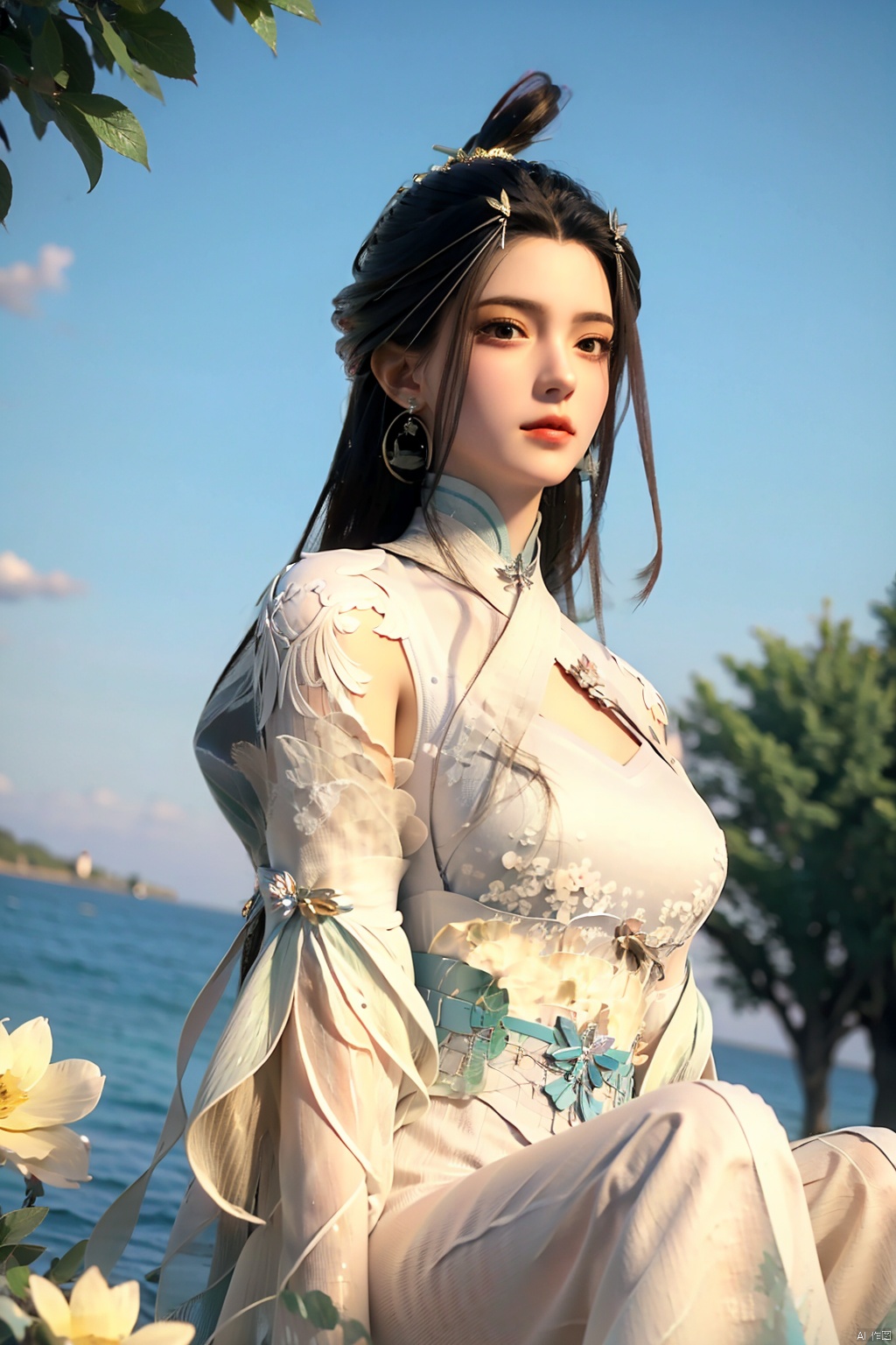  hdr, uhd, 8k, highly detailed, best quality, masterpiece, 1girl, realistic, highly detailed, (eos r8, 50mm, f1.2, 8k, raw photo:1.2), ultra realistic 8k cg,1 girl, solo focus,peafect body,long hair,(black hair:1.4),bangs,hair between eyes,sidelocks,hair over shoulder,very long hair,shiny hair,floating hair,bright eyes,big eyes,detailed eyes,beautiful eyes,hair ornament,hair flower,choker,frilled dress with lace,long dress,pleated dress,[loli],,outdoors,water,flower, in the ((sea of flowers)), flower field,meadow,beautiful detailed sky,feather,nature,(sunlight), skirt up,,moist skin, shiny skin, glossy skin, (best illumination, best shadow, extremely delicate and beautiful), perfect lighting, original, highres, dynamic angle, floating,depth of field, caustics,lens flare,warm lighting,(official art,beautiful and aesthetic:1.2),beautiful face, ultra detailed eyes, looking_at_viewer,kind smile,pose for picture,huolinger,(Waist shot:1.4), ((poakl)), detail,(gold:1.3),(veil:1.4), xiaqingyue,(front view:1.4),(sitting:1.4),xiaoqingxue,mermaid