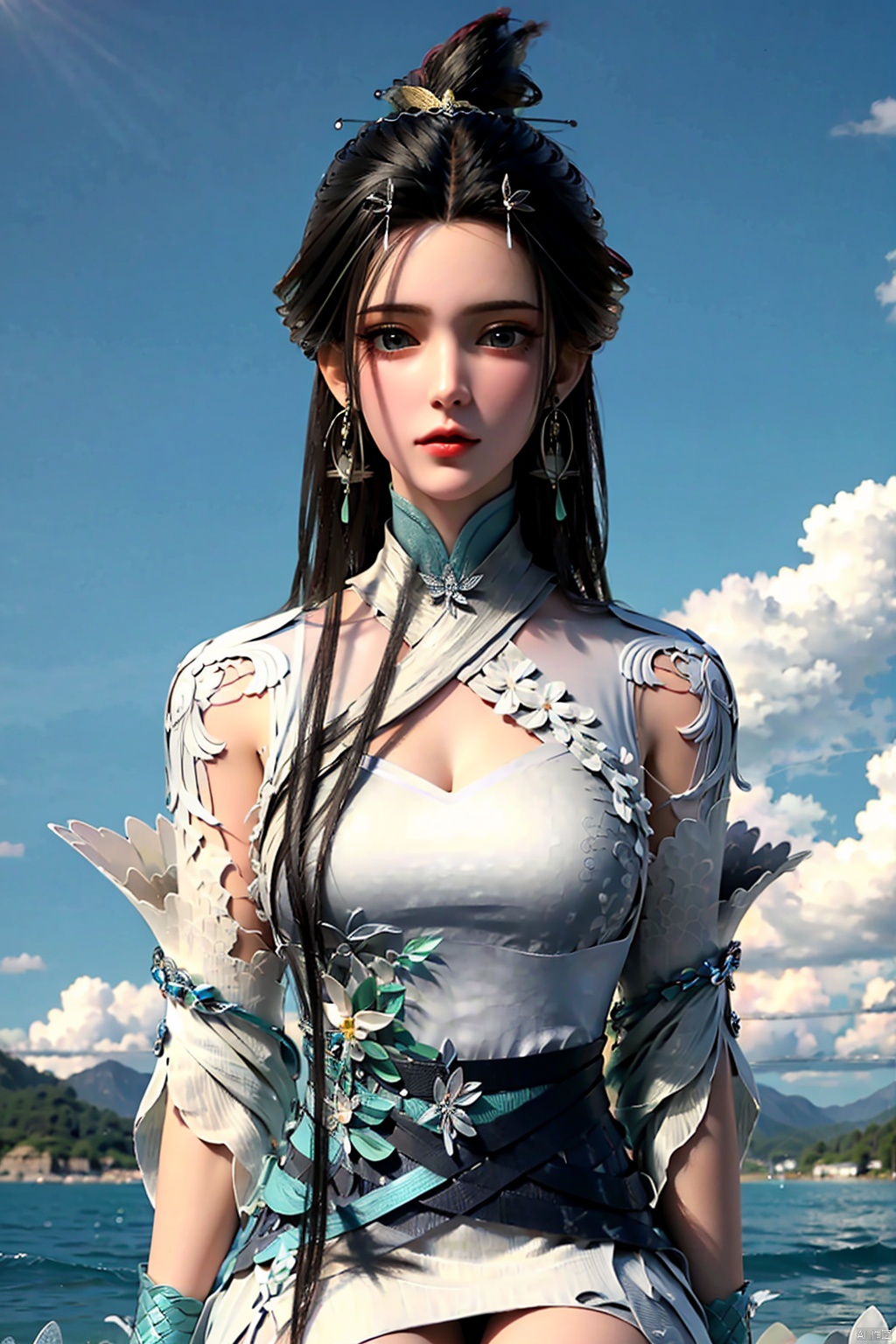  hdr, uhd, 8k, highly detailed, best quality, masterpiece, 1girl, realistic, highly detailed, (eos r8, 50mm, f1.2, 8k, raw photo:1.2), ultra realistic 8k cg,1 girl, solo focus,peafect body,long hair,(black hair:1.4),bangs,hair between eyes,sidelocks,hair over shoulder,very long hair,shiny hair,floating hair,bright eyes,big eyes,detailed eyes,beautiful eyes,hair ornament,hair flower,choker,frilled dress with lace,long dress,pleated dress,[loli],,outdoors,water,flower, in the ((sea of flowers)), flower field,meadow,beautiful detailed sky,feather,nature,(sunlight), skirt up,,moist skin, shiny skin, glossy skin, (best illumination, best shadow, extremely delicate and beautiful), perfect lighting, original, highres, dynamic angle, floating,depth of field, caustics,lens flare,warm lighting,(official art,beautiful and aesthetic:1.2),beautiful face, ultra detailed eyes, looking_at_viewer,kind smile,pose for picture,huolinger,(Waist shot:1.4), ((poakl)), detail,(gold:1.3),(sitting:1.4),xiaoqingxue,1girl,black hair,black eyes,dress,earrings,gloves,hair ornament,jewelry,long hair,looking at viewer,medium breasts,realistic,solo,white dress,yaoyao