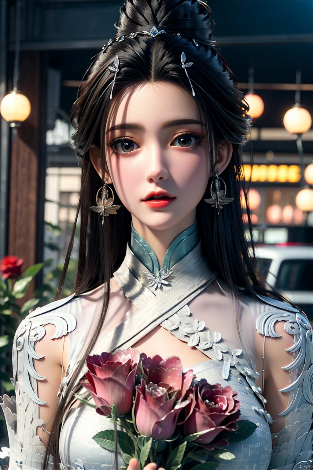 cinematic film still no humans, a car full of roses, covered with roses, pink roses, a cute little white cat sitting in the driver's seat, head out of the side window, holding a bouquet of red roses, adorable kawaii, chibi, fluffy, smile,happy, open mouth, laugh, looking up to viewers,cheerful,Chris LaBrooy, rossdraws global illumination, aestheticism, flying patels add a romantic fantasy atmosphere,cartoonish,excited,pixar, . shallow depth of field, vignette, highly detailed, high budget, bokeh, cinemascope, moody, epic, gorgeous, film grain, grainy