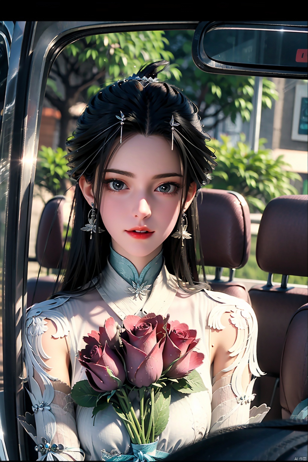 cinematic film still no humans, a car full of roses, covered with roses, pink roses, a cute little white cat sitting in the driver's seat, head out of the side window, holding a bouquet of red roses, adorable kawaii, chibi, fluffy, smile,happy, open mouth, laugh, looking up to viewers,cheerful,Chris LaBrooy, rossdraws global illumination, aestheticism, flying patels add a romantic fantasy atmosphere,cartoonish,excited,pixar, . shallow depth of field, vignette, highly detailed, high budget, bokeh, cinemascope, moody, epic, gorgeous, film grain, grainy