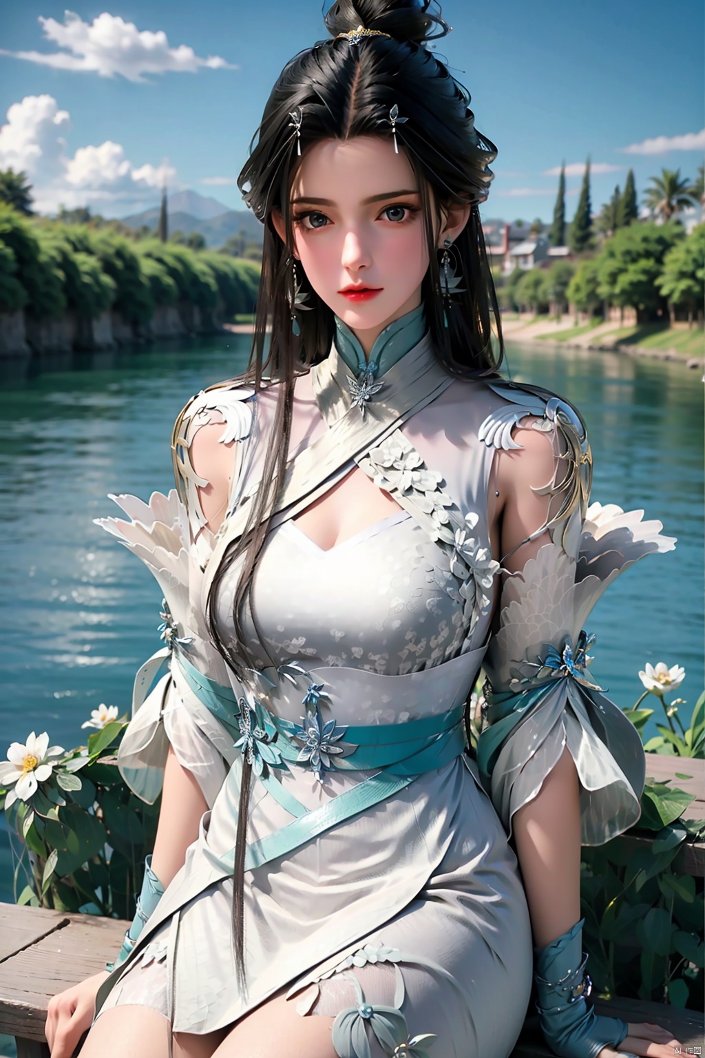  hdr, uhd, 8k, highly detailed, best quality, masterpiece, 1girl, realistic, highly detailed, (eos r8, 50mm, f1.2, 8k, raw photo:1.2), ultra realistic 8k cg,1 girl, solo focus,peafect body,long hair,(black hair:1.4),bangs,hair between eyes,sidelocks,hair over shoulder,very long hair,shiny hair,floating hair,bright eyes,big eyes,detailed eyes,beautiful eyes,hair ornament,hair flower,choker,frilled dress with lace,long dress,pleated dress,[loli],,outdoors,water,flower, in the ((sea of flowers)), flower field,meadow,beautiful detailed sky,feather,nature,(sunlight), skirt up,,moist skin, shiny skin, glossy skin, (best illumination, best shadow, extremely delicate and beautiful), perfect lighting, original, highres, dynamic angle, floating,depth of field, caustics,lens flare,warm lighting,(official art,beautiful and aesthetic:1.2),beautiful face, ultra detailed eyes, looking_at_viewer,kind smile,pose for picture,huolinger,(waist shot:1.4), ((poakl)), detail,(gold:1.3),(sitting:1.4),xiaoqingxue,1girl,black hair,black eyes,dress,earrings,gloves,hair ornament,jewelry,long hair,looking at viewer,medium breasts,realistic,solo,white dress,