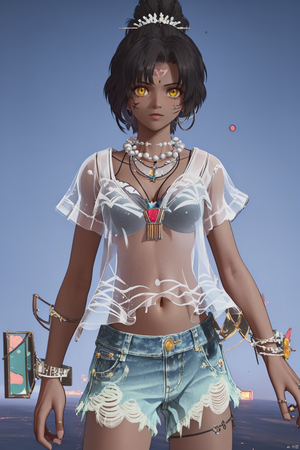 1girl, jewelry, solo, dark skin, dark-skinned female, shorts, necklace, earrings, denim, denim shorts, navel, see-through, looking at viewer, cutoffs, black hair, short hair, cowboy shot, short shorts, thigh strap, yellow eyes, bra, breasts, underwear, facial mark