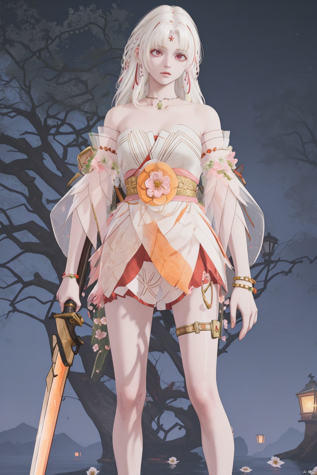 1girl, solo, weapon, white hair, sword, long hair, jewelry, bare shoulders, lantern, holding weapon, holding, hair ornament, flower