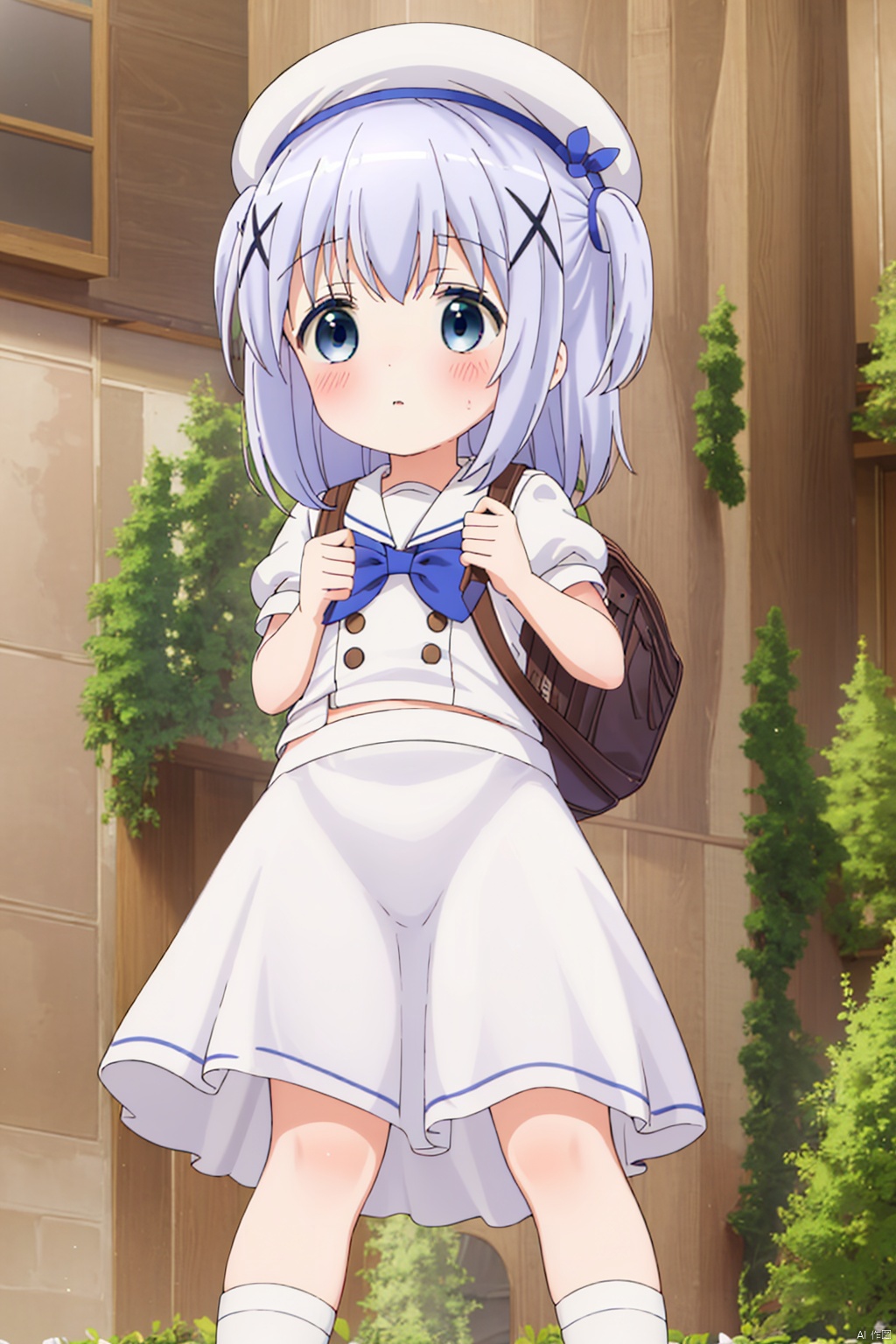 1girl ,loli,solo ,long hair ,long hair,bangs ,blue eyes , school uniform , hair,omament hat hair between,,blue hair, short sleeves, outdoorshairclip puffy, sleeves bag, sleeves ,white beret , white headwearbackpack,x hair, chino,frills loose socks,chino, from below,blush,index finger raised,two side up,(blush:1.4),gape