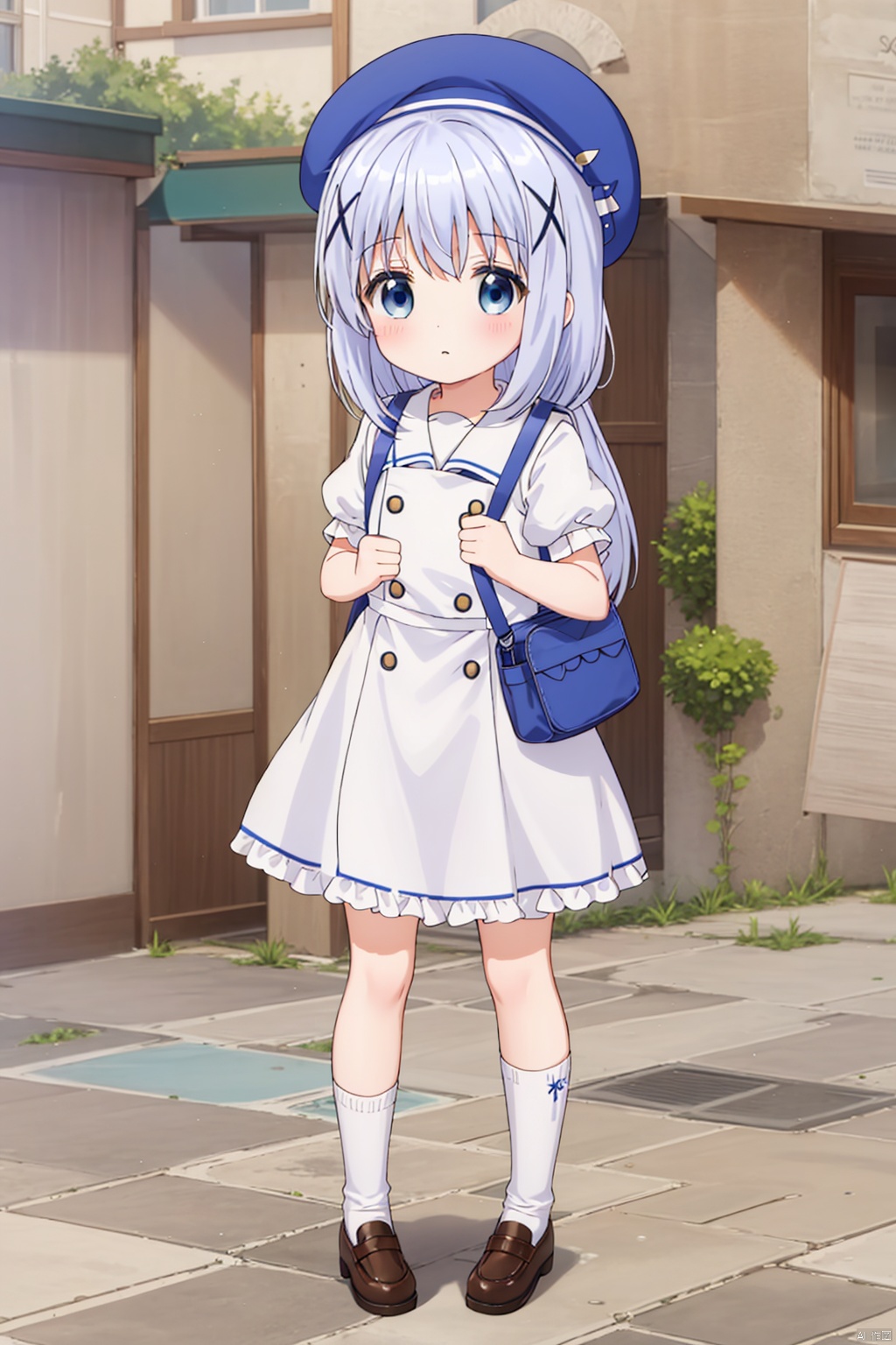 1girt ,solo ,long hair ,bangs ,blue eyes , school uniform , hair,omament hat hair between,,blue hair, short sleeves, outdoorshairclip puffy, sleeves bag,  sleeves beret , white headwearbackpack,x hair, chino,full_body,frills loose socks,chino