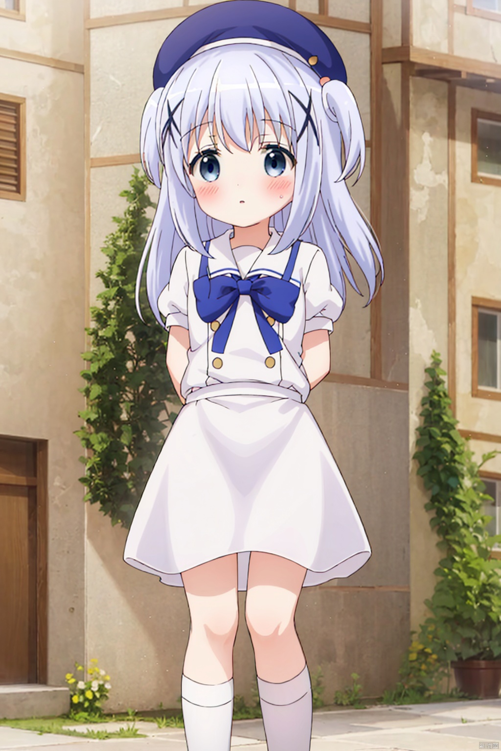 1girl ,loli,solo ,long hair ,long hair, ,blue eyes , school uniform , hair,omament hat hair between,,blue hair, short sleeves, outdoorshairclip puffy, sleeves ,white beret , x hair, chino,frills loose socks,chino, blush,index finger raised,two side up,(blush:1.4),gape,blush,standing,arms behind back,