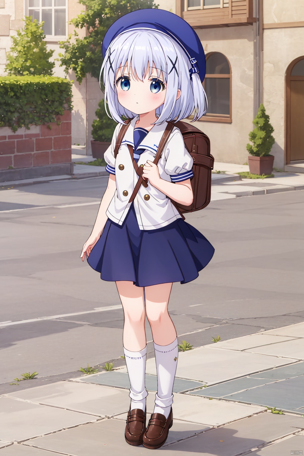 1girt ,solo ,long hair ,bangs ,blue eyes , school uniform , hair,omament hat hair between,,blue hair, short sleeves, outdoorshairclip puffy, sleeves bag,  sleeves beret , white headwearbackpack,x hair, chino,full_body,frills loose socks,chino