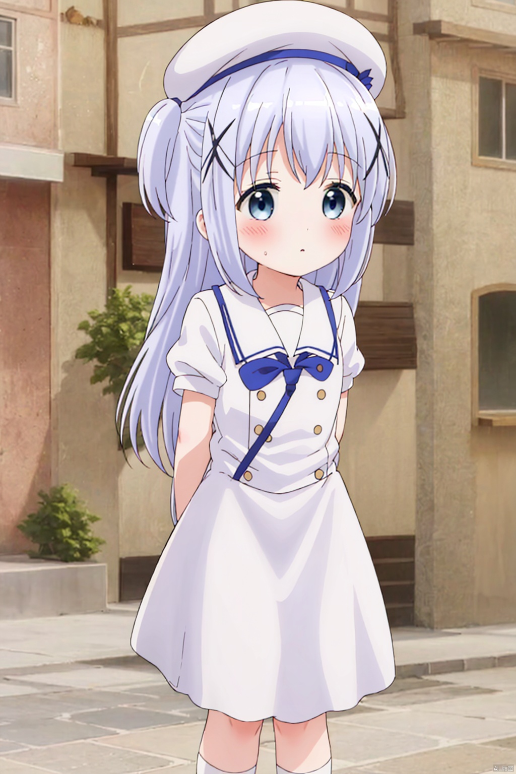 1girl ,loli,solo ,long hair ,long hair, ,blue eyes , school uniform , hair,omament hat hair between,,blue hair, short sleeves, outdoorshairclip puffy, sleeves ,white beret , x hair, chino,frills loose socks,chino, blush,index finger raised,two side up,(blush:1.4),gape,blush,standing,arms behind back,