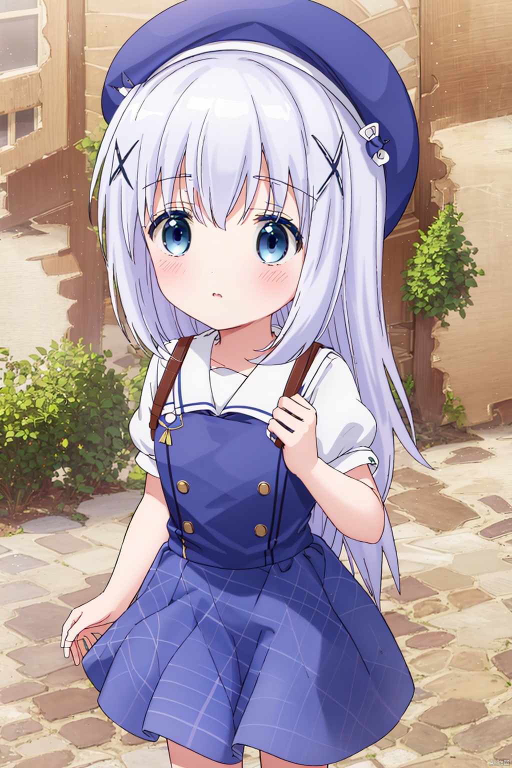 1girt ,solo ,long hair ,bangs ,blue eyes , school uniform , hair,omament hat hair between,,blue hair, short sleeves, outdoorshairclip puffy, sleeves bag, puffy short, sleeves beret , white headwearbackpack,xhair,orament holding .strap kafuu chino,