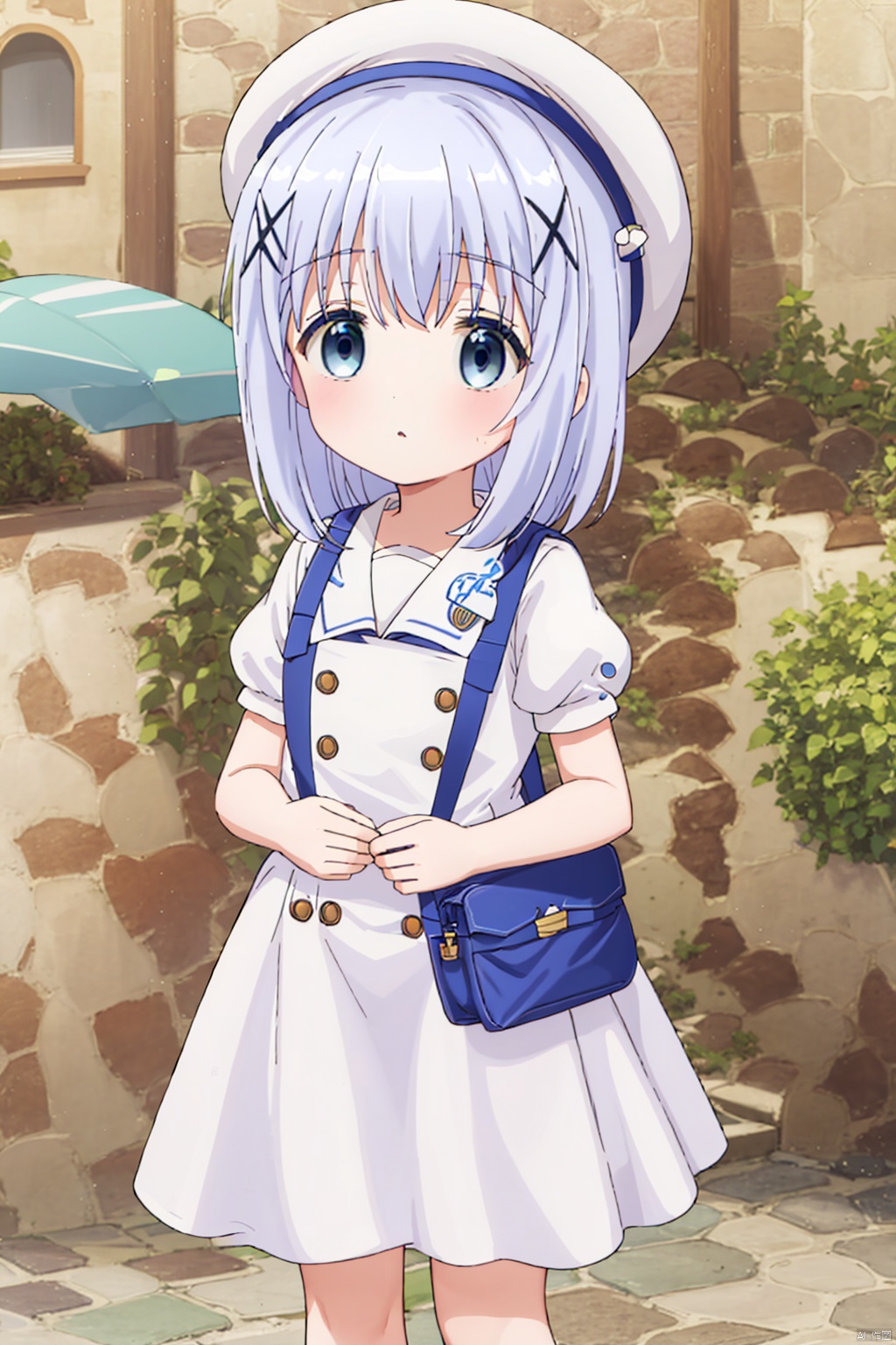 1girt ,solo ,long hair ,bangs ,blue eyes , school uniform , hair,omament hat hair between,,blue hair, short sleeves, outdoorshairclip puffy, sleeves bag, puffy short, sleeves beret , white headwearbackpack,xhair,orament holding .strap kafuu chino,