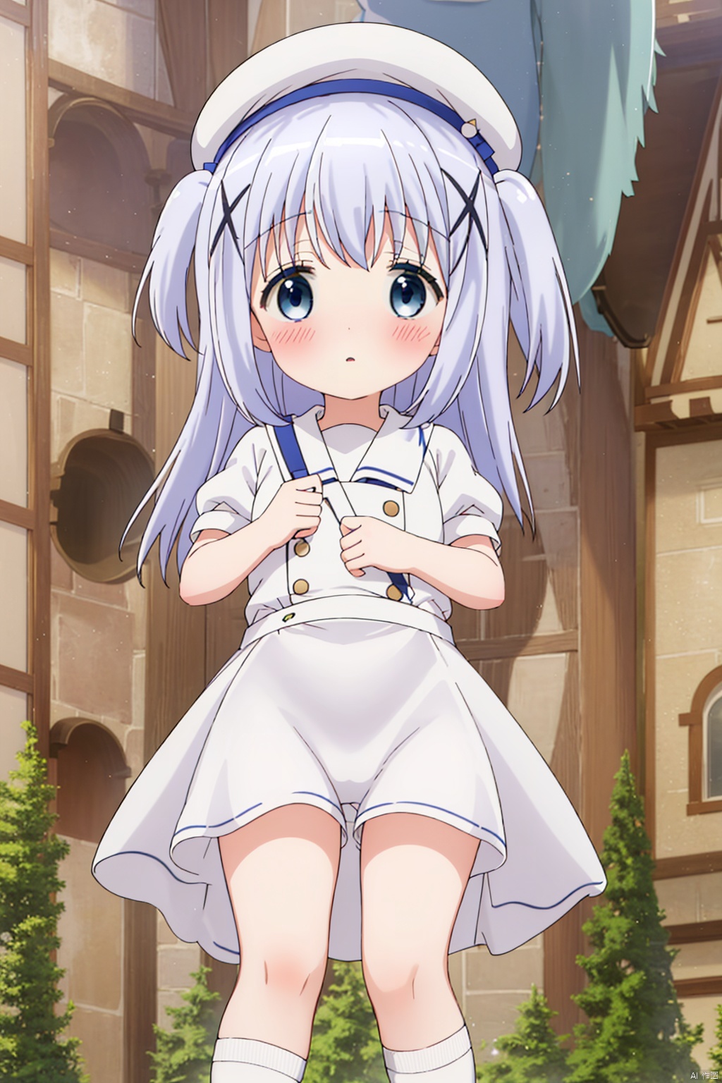 1girl ,loli,solo ,long hair ,long hair,bangs ,blue eyes , school uniform , hair,omament hat hair between,,blue hair, short sleeves, outdoorshairclip puffy, sleeves bag, sleeves ,white beret , white headwearbackpack,x hair, chino,frills loose socks,chino, from below,blush,index finger raised,two side up,(blush:1.4),gape