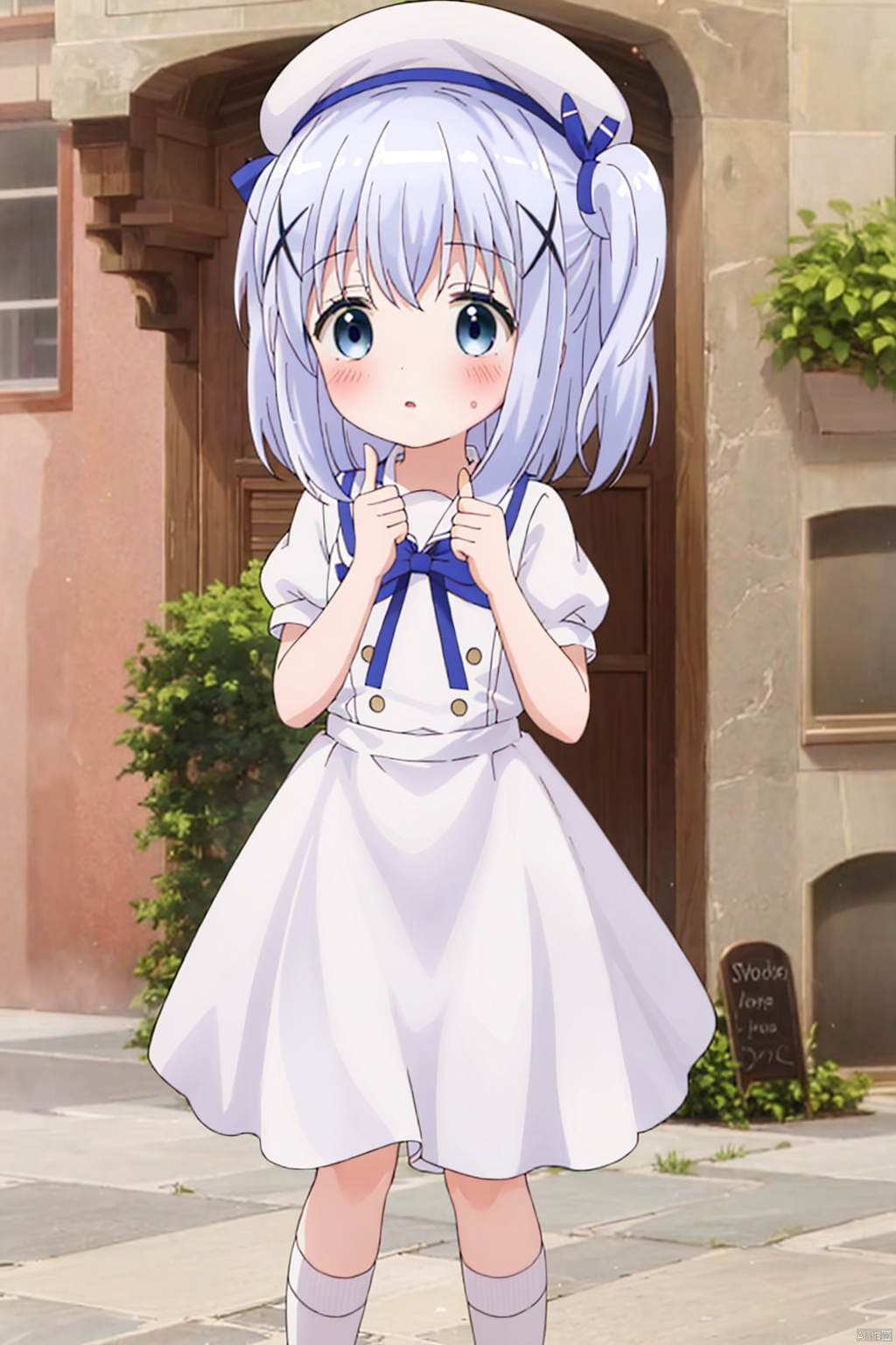 1girl ,loli,solo ,long hair ,long hair, ,blue eyes , school uniform , hair,omament hat hair between,,blue hair, short sleeves, outdoorshairclip puffy, sleeves ,white beret , x hair, chino,frills loose socks,chino, blush,index finger raised,two side up,(blush:1.4),gape,blush,standing,index finger raised