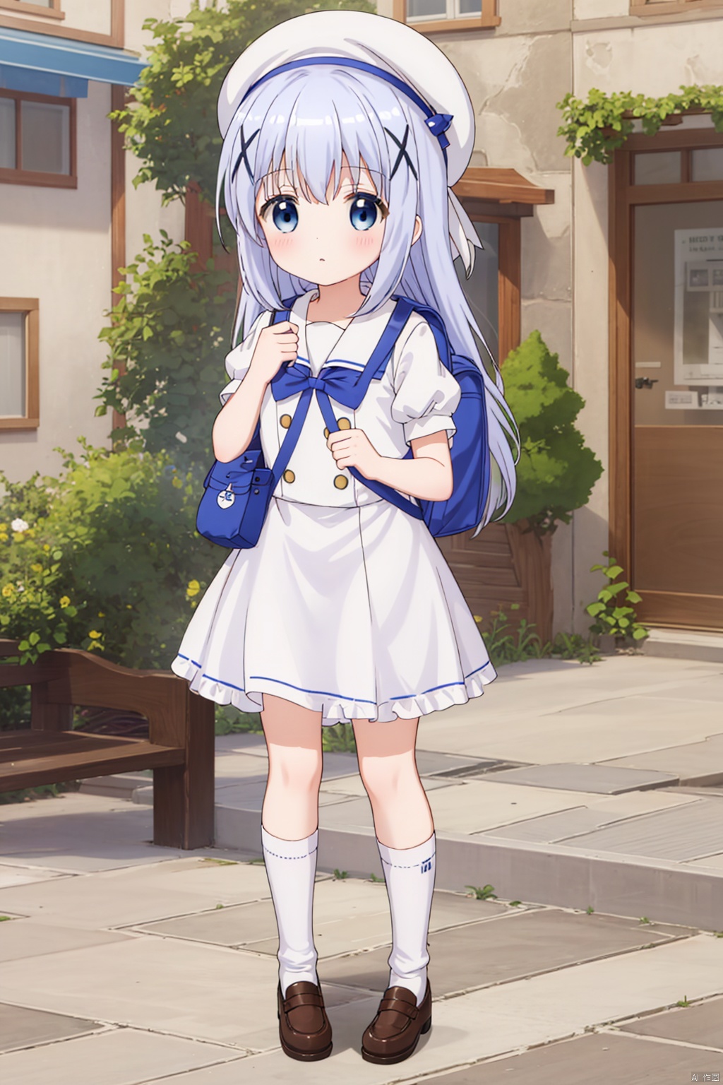 1girt ,solo ,long hair ,bangs ,blue eyes , school uniform , hair,omament hat hair between,,blue hair, short sleeves, outdoorshairclip puffy, sleeves bag,  sleeves beret , white headwearbackpack,x hair, chino,full_body,frills loose socks,chino