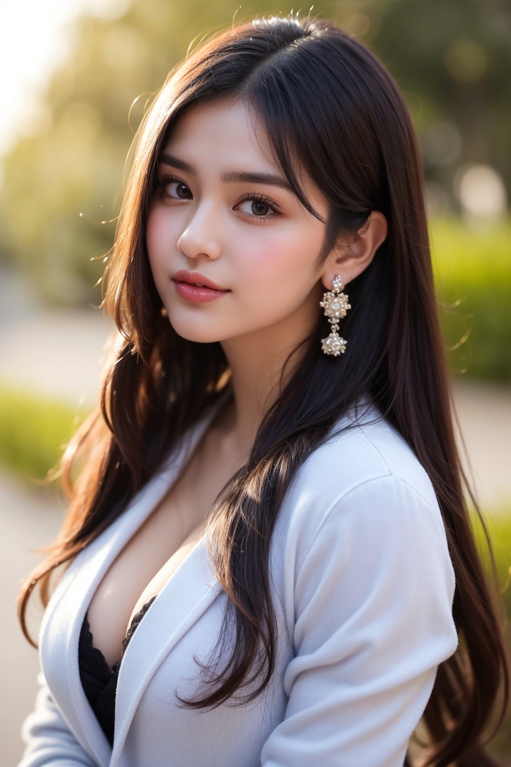 In a masterpiece-quality setting,  kushita stands solo outdoors,  wearing a stunning blue elegant blazer and parted lips....