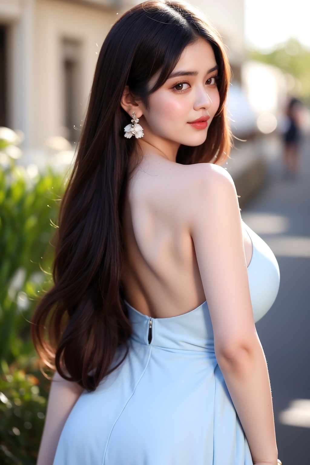 In a masterpiece-quality setting,  kushita stands solo outdoors,  wearing a stunning blue elegant blazer and parted lips....