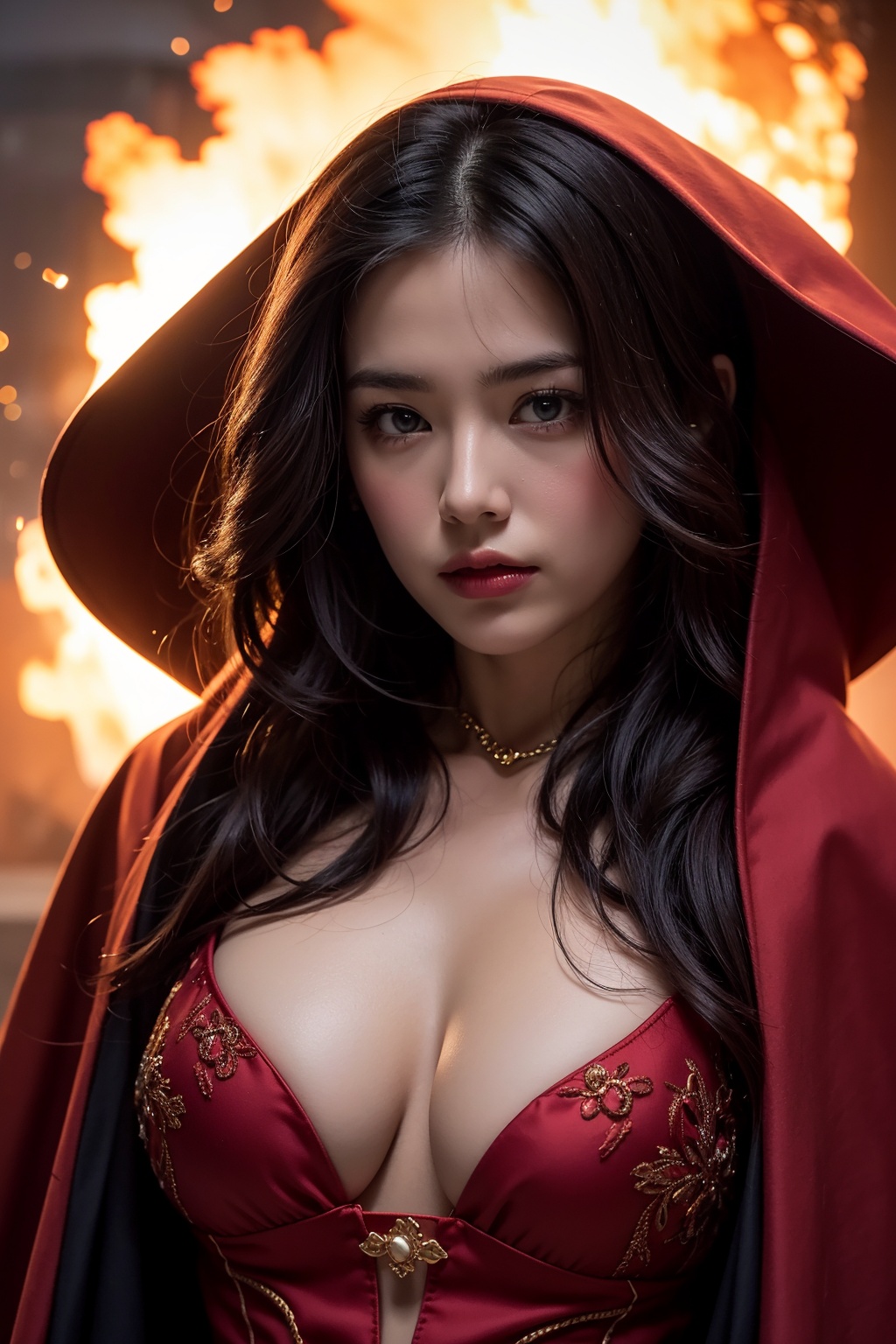 A striking portrait of a lone figure,  dressed in a Lolita costume with a red cloak and cape,  adorned with long gray hair...