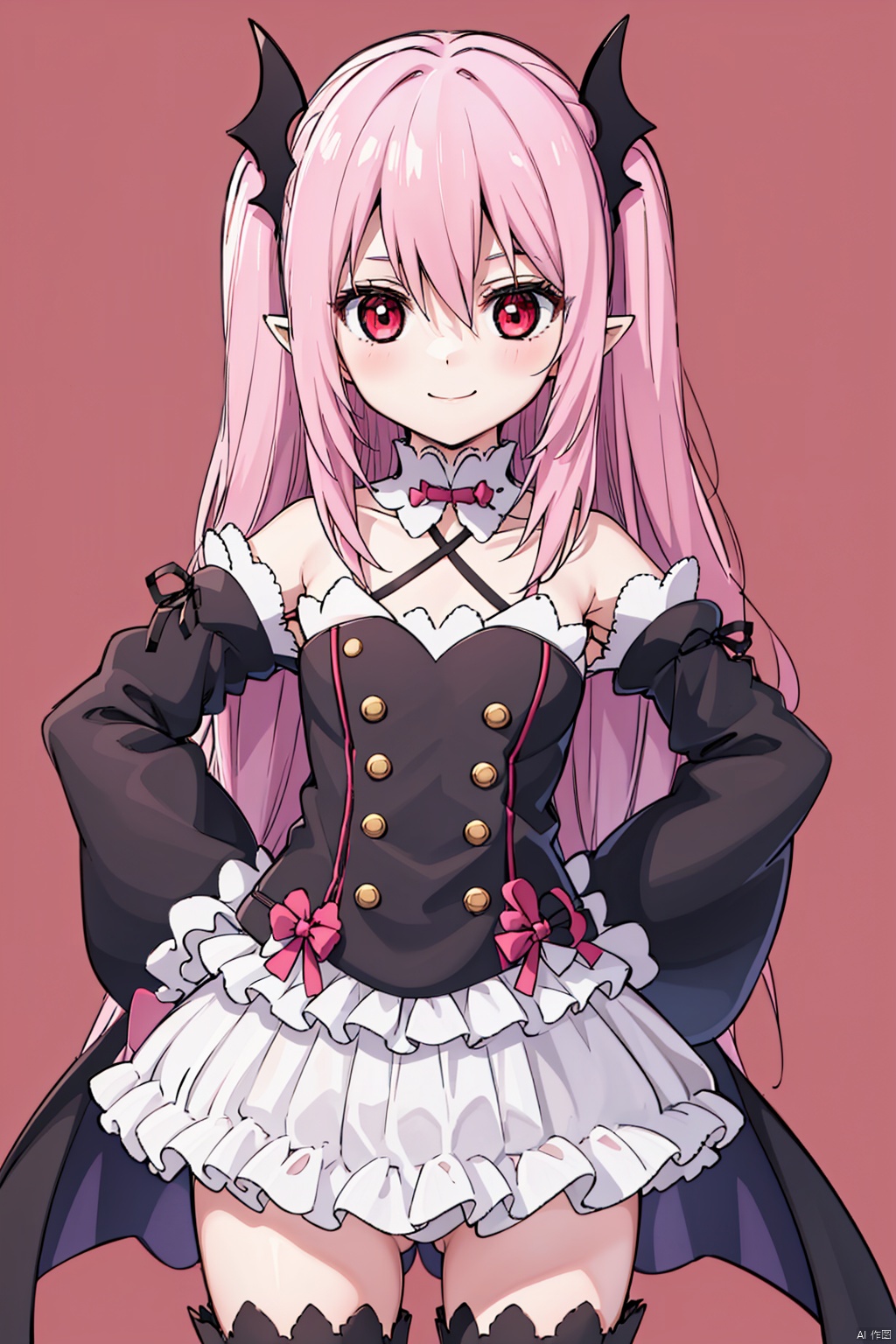 1girl ,solo, long hair ,looking at viewer, smile ,Royal background, red eyes, thighhighs ,dress bare ,shoulders ,pink hair, detached sleeves ,pointy ears ,flat chest ,two side,  hands on hips ,vampire,krul tepes