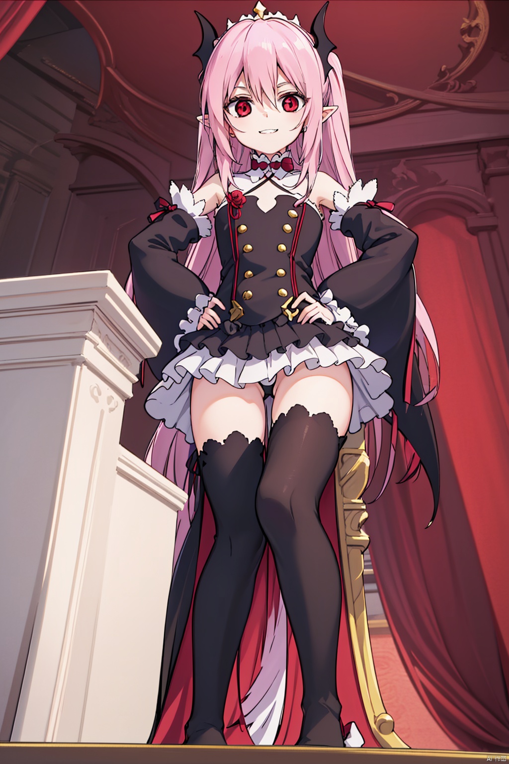 1girl ,Slippery shoulders,Can see the chest,lactation,solo, long hair ,looking at viewer, smile ,,proud,, red eyes, thighhighs ,dress bare ,shoulders ,pink hair, detached sleeves ,pointy ears ,flat chest ,two side,  hands on hips ,vampire,krul tepes,Vampire's Teeth,slim,Thin legs,Slender legs, slim,Sitting on the throne,A towering throne,cross-legged, from below