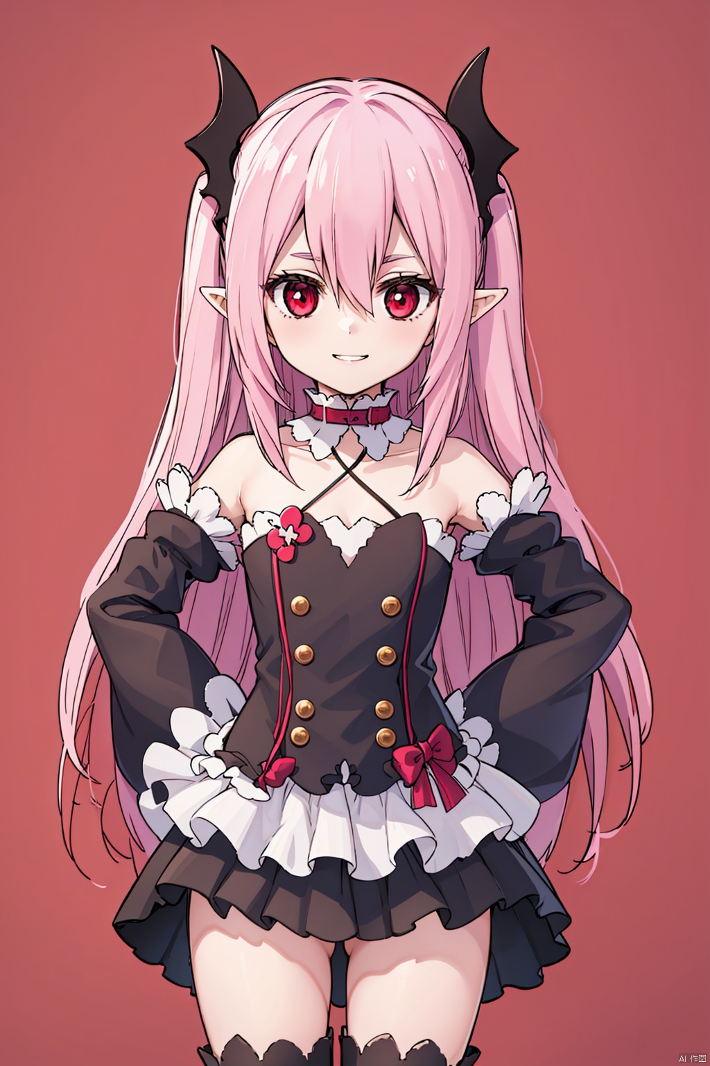 1girl ,solo, long hair ,looking at viewer, smile ,proud,proud,Royal background, red eyes, thighhighs ,dress bare ,shoulders ,pink hair, detached sleeves ,pointy ears ,flat chest ,two side,  hands on hips ,vampire,krul tepes,1girl,krul tepes,Vampire's Teeth,slim,Thin legs,krul tepes,Slender legs, slim,krul tepes,Hang a leg,