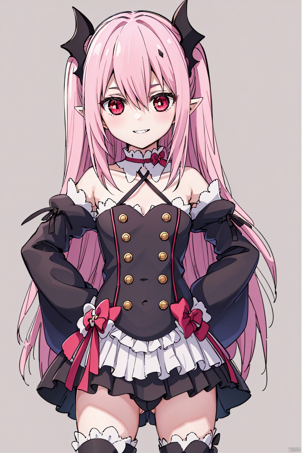 1girl ,solo, long hair ,looking at viewer, smile ,proud,proud,Royal background, red eyes, thighhighs ,dress bare ,shoulders ,pink hair, detached sleeves ,pointy ears ,flat chest ,two side,  hands on hips ,vampire,krul tepes,1girl,krul tepes,Vampire's Teeth,slim,Thin legs,krul tepes,Slender legs, slim
