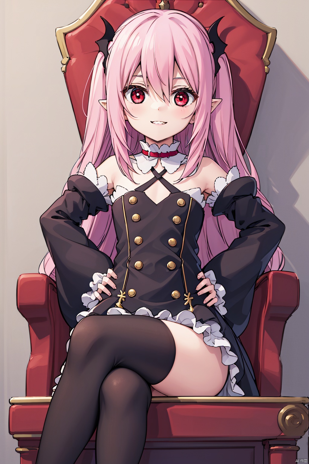 1girl ,slippery shoulders,can see the chest,lactation,solo, long hair ,looking at viewer, smile ,,proud,, red eyes, thighhighs ,dress bare ,shoulders ,pink hair, detached sleeves ,pointy ears ,flat chest ,two side,  hands on hips ,vampire,krul tepes,vampire's teeth,slim,thin legs,slender legs, slim,sitting on the throne,a towering throne,cross-legged,【looking up from below】