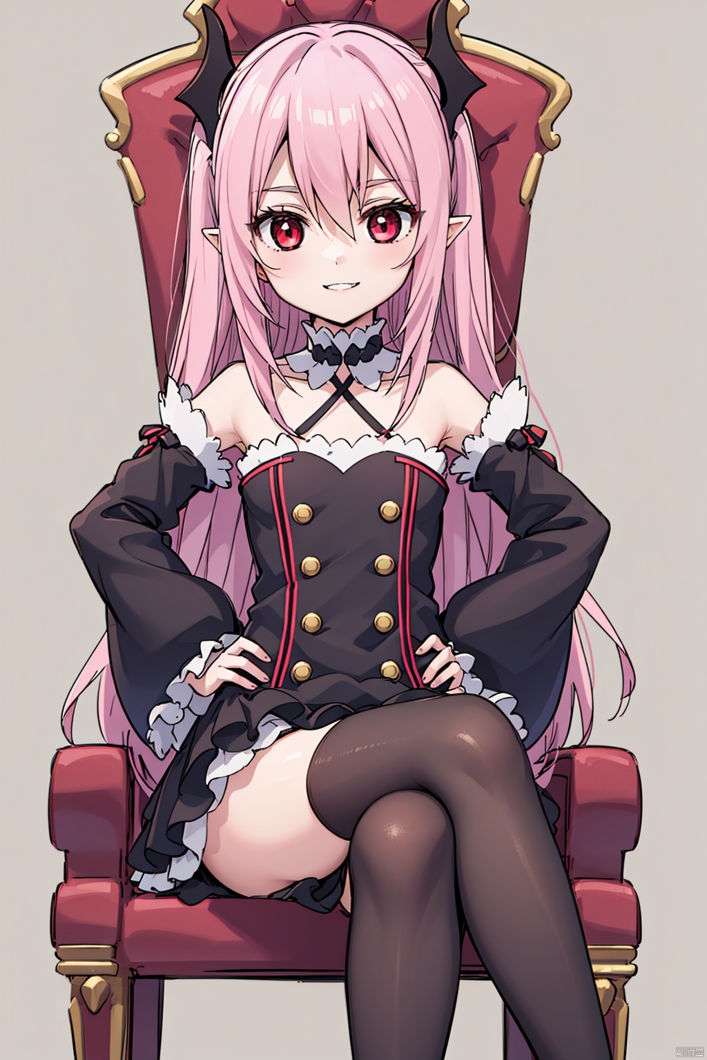 1girl ,solo, long hair ,looking at viewer, smile ,,proud,, red eyes, thighhighs ,dress bare ,shoulders ,pink hair, detached sleeves ,pointy ears ,flat chest ,two side,  hands on hips ,vampire,krul tepes,Vampire's Teeth,slim,Thin legs,Slender legs, slim,Sitting on the throne,cross-legged