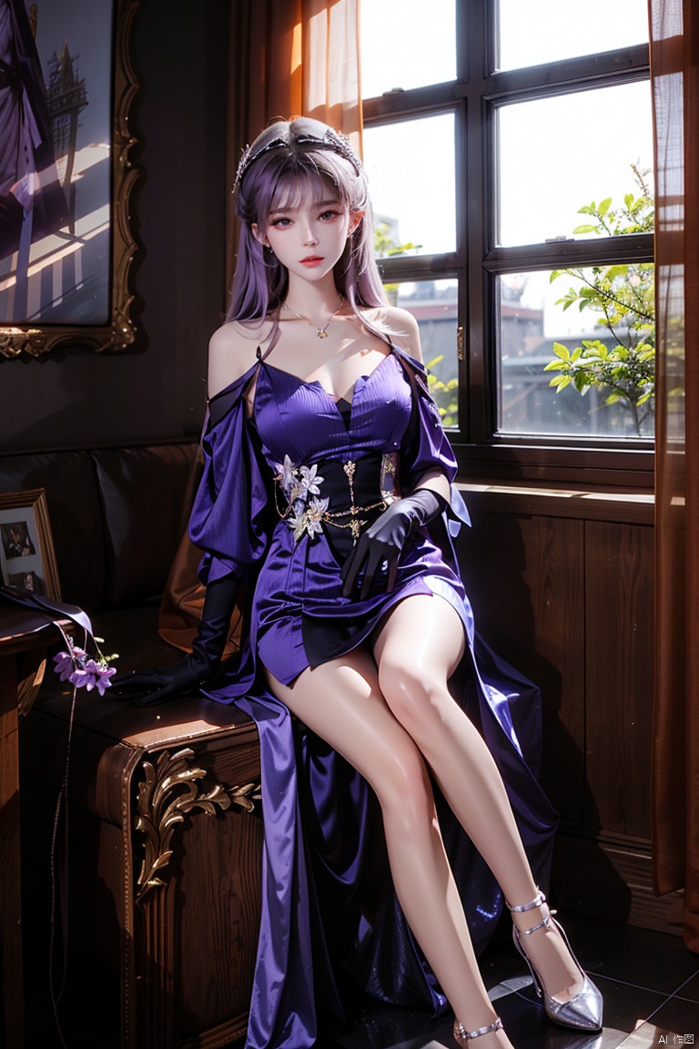  masterpiece, ultra-clear picture quality, real effect, 8k ultra-clear, fine picture effect,1girl, solo, long hair, breasts, looking at viewer, gloves, bare shoulders, sitting, closed mouth, purple eyes, collarbone, full body, purple hair, flower, elbow gloves, indoors, off shoulder, petals, window, shadow, purple gloves, ((poakl))
