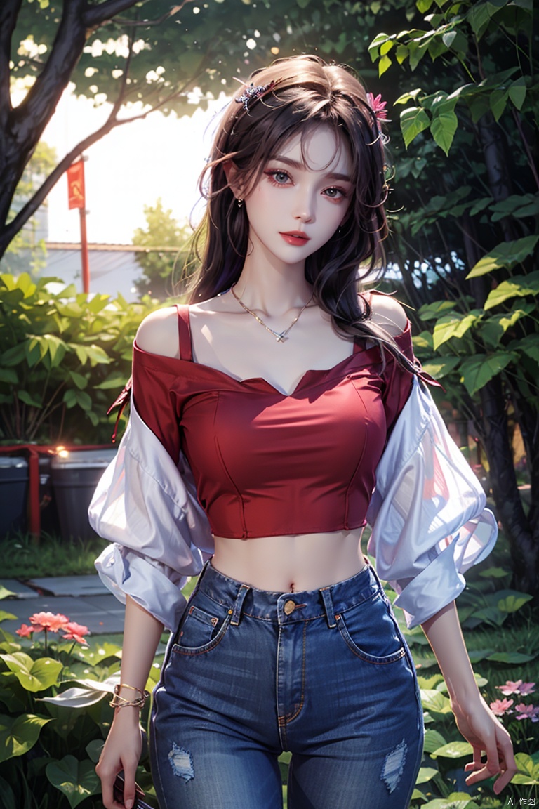  masterpiece, ultra-clear picture quality, real effect, 8k ultra-clear, fine picture effect,1girl, solo, long hair, breasts, looking at viewer, shirt, black hair, navel, holding, bare shoulders, jewelry, closed mouth, standing, purple eyes, collarbone, purple hair, flower, short sleeves, cowboy shot, earrings, midriff, pants, off shoulder, bracelet, lips, crop top, head tilt, leaf, plant, denim, red shirt, pink flower, jeans, off-shoulder shirt, red lips