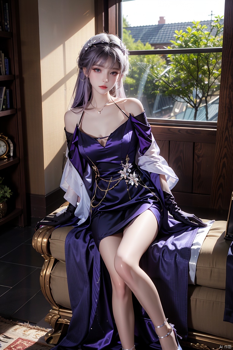  masterpiece, ultra-clear picture quality, real effect, 8k ultra-clear, fine picture effect,1girl, solo, long hair, breasts, looking at viewer, gloves, bare shoulders, sitting, closed mouth, purple eyes, collarbone, full body, purple hair, flower, elbow gloves, indoors, off shoulder, petals, window, shadow, purple gloves, ((poakl))