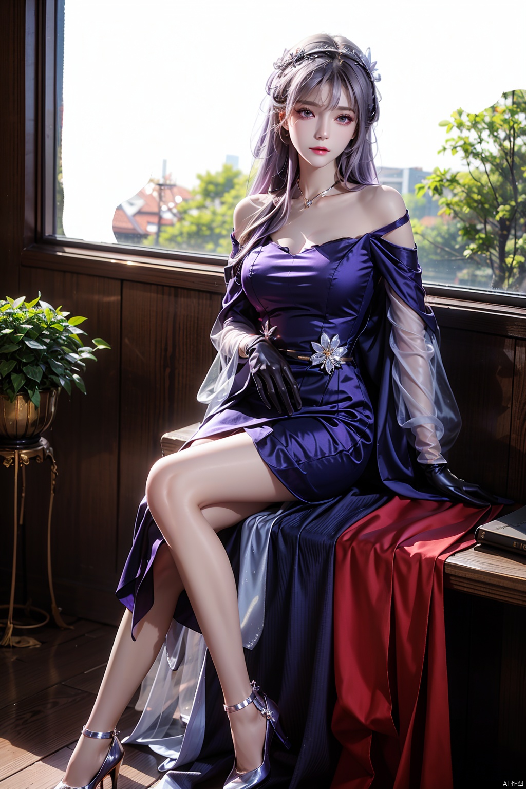  masterpiece, ultra-clear picture quality, real effect, 8k ultra-clear, fine picture effect,1girl, solo, long hair, breasts, looking at viewer, gloves, bare shoulders, sitting, closed mouth, purple eyes, collarbone, full body, purple hair, flower, elbow gloves, indoors, off shoulder, petals, window, shadow, purple gloves, ((poakl))