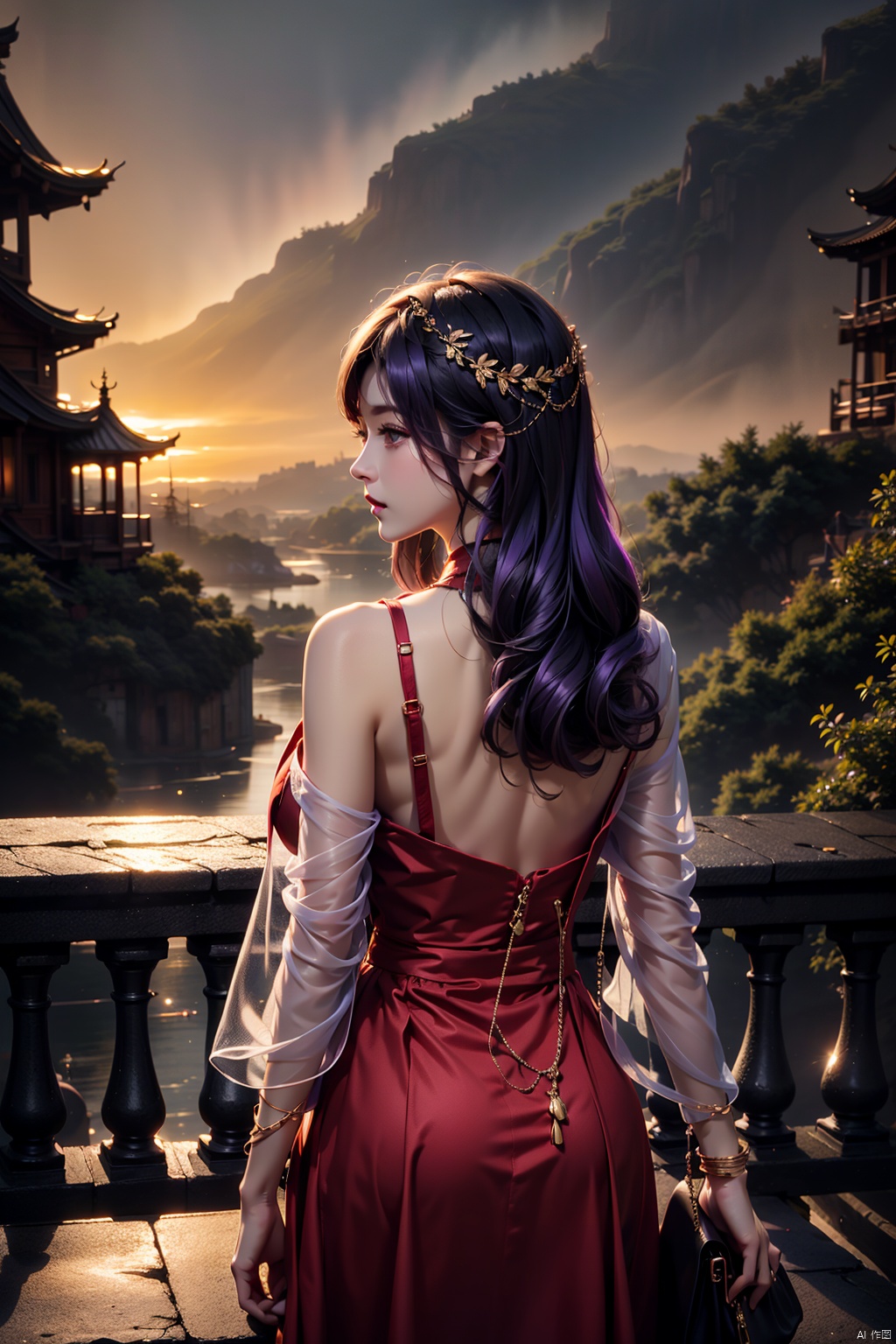  masterpiece,best quality,extremely high detailed,intricate,8k,HDR,wallpaper,cinematic lighting,(universe:1.4),Huge chest, cleavage,1girl, solo, long hair, shirt, black hair, outdoors, sky, cloud, bag, see-through, scenery, sunset, handbag, city, railing, cityscape,Back Shadow , by, ((poakl)), qingyi,purple hair