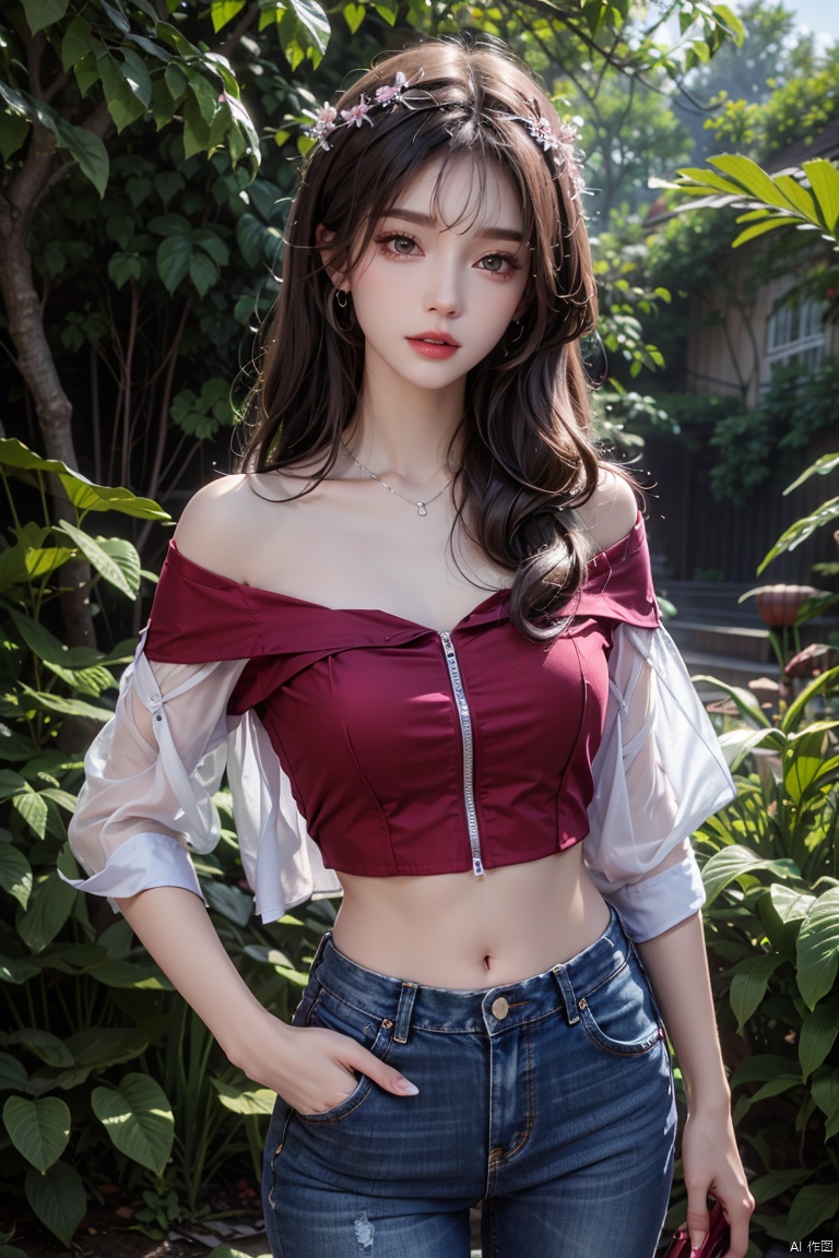  masterpiece, ultra-clear picture quality, real effect, 8k ultra-clear, fine picture effect,1girl, solo, long hair, breasts, looking at viewer, shirt, black hair, navel, holding, bare shoulders, jewelry, closed mouth, standing, purple eyes, collarbone, purple hair, flower, short sleeves, cowboy shot, earrings, midriff, pants, off shoulder, bracelet, lips, crop top, head tilt, leaf, plant, denim, red shirt, pink flower, jeans, off-shoulder shirt, red lips