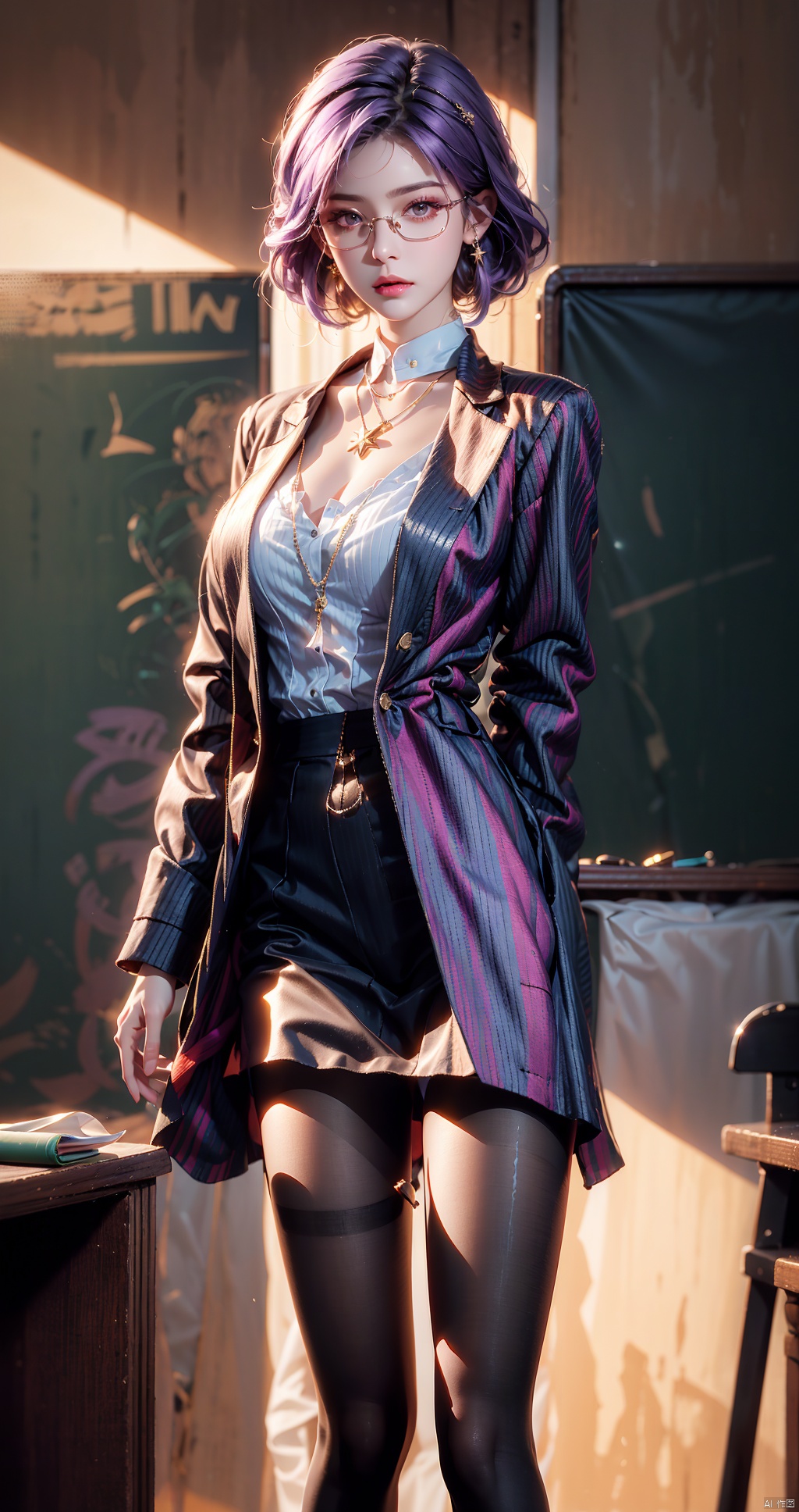 masterpiece,((poakl)),1girl, solo, breasts, short hair, purple hair, cleavage, brown eyes, jewelry, pantyhose, earrings, glasses, striped, necklace, lips, formal, suit, desk, realistic, classroom, chalkboard, pinstripe pattern, teacher, chalk, pinstripe suit