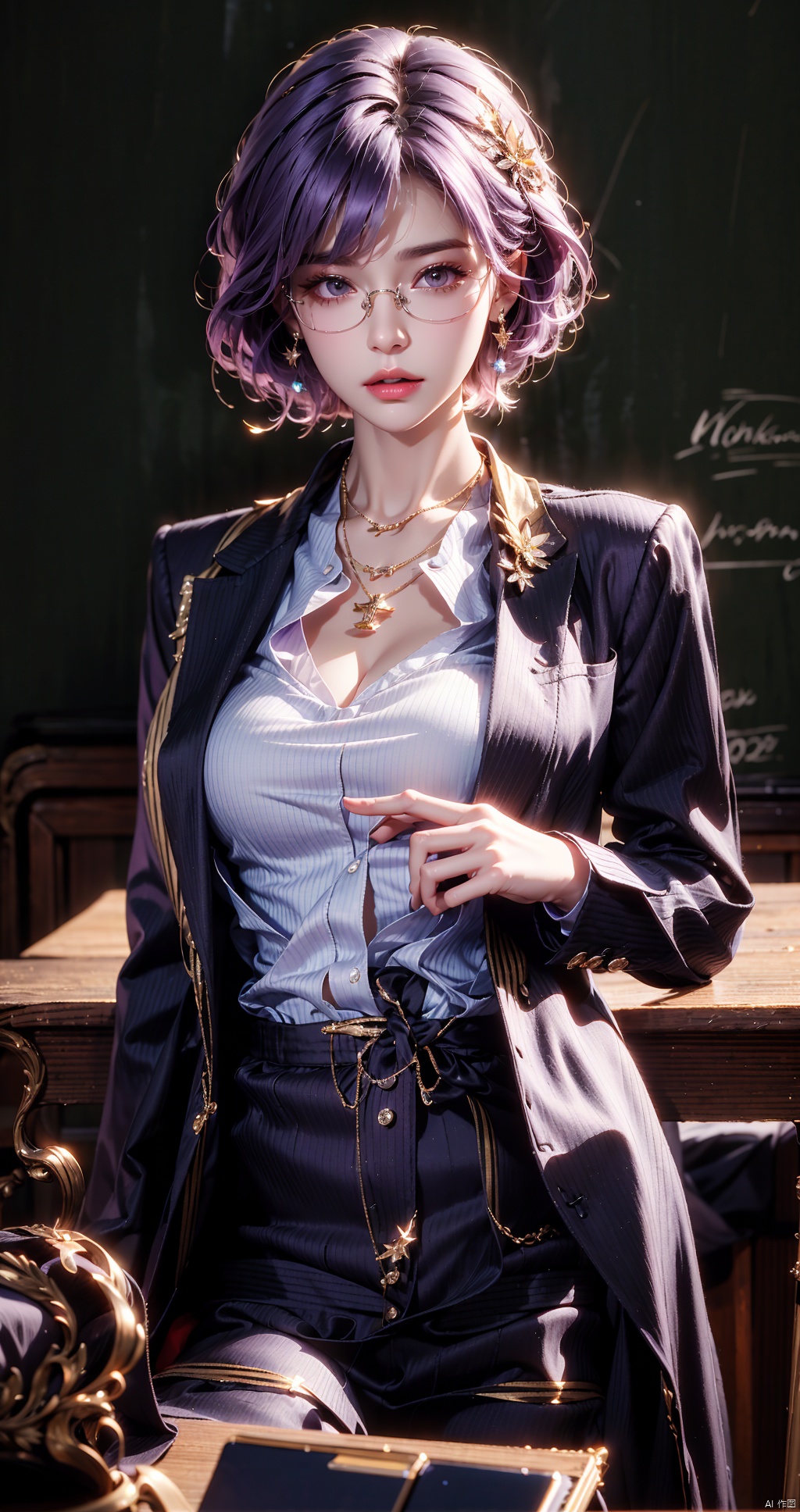masterpiece,((poakl)),1girl, solo, breasts, short hair, purple hair, cleavage, brown eyes, jewelry, pantyhose, earrings, glasses, striped, necklace, lips, formal, suit, desk, realistic, classroom, chalkboard, pinstripe pattern, teacher, chalk, pinstripe suit