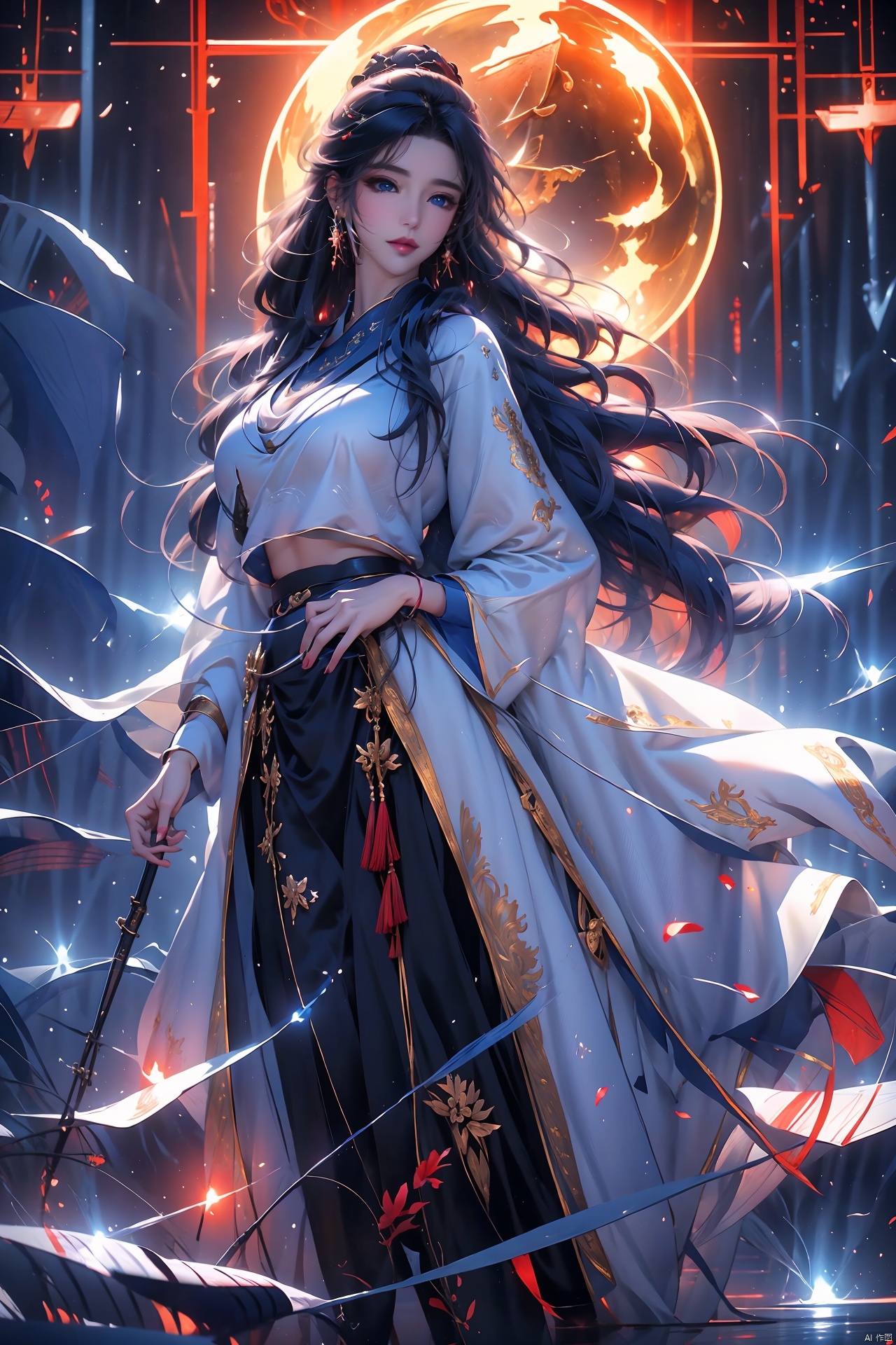 best quality,full body, masterpiece, ultra-high resolution, (photo realistic: 1.4) , surrealism, fantastical verisimilitude, fantastical creation, thriller color scheme, surrealism, abstract, psychedelic, 云霄仙子,1girl, solo, long hair, looking at viewer, blue eyes, skirt, black hair, thighhighs, long sleeves, jewelry, earrings, boots, outdoors, parted lips, sky, day, midriff, cloud, tree, blue sky, red skirt, thigh boots, ground vehicle, motor vehicle, car