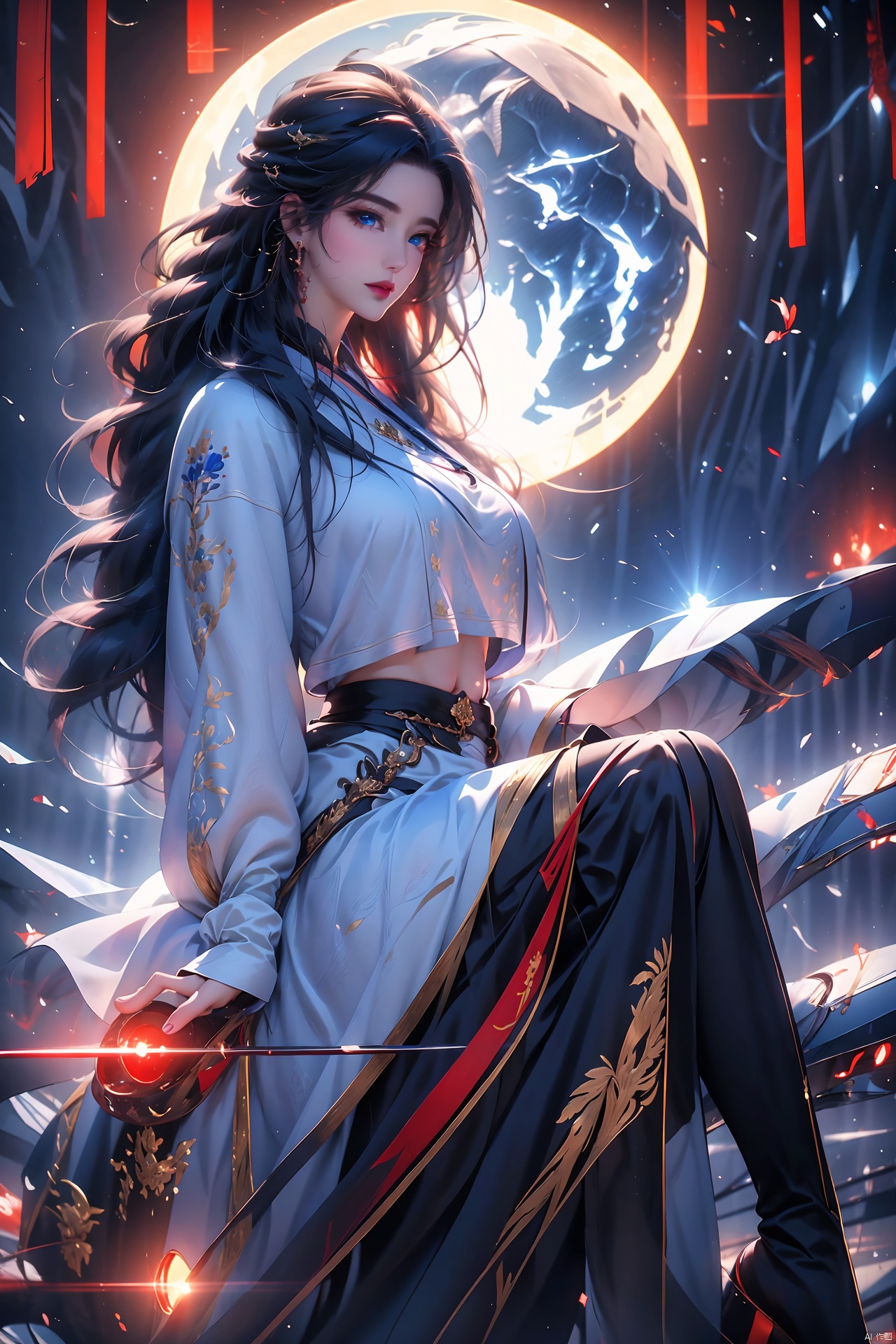  best quality,full body, masterpiece, ultra-high resolution, (photo realistic: 1.4) , surrealism, fantastical verisimilitude, fantastical creation, thriller color scheme, surrealism, abstract, psychedelic, 云霄仙子,1girl, solo, long hair, looking at viewer, blue eyes, skirt, black hair, thighhighs, long sleeves, jewelry, earrings, boots, outdoors, parted lips, sky, day, midriff, cloud, tree, blue sky, red skirt, thigh boots, ground vehicle, motor vehicle, car