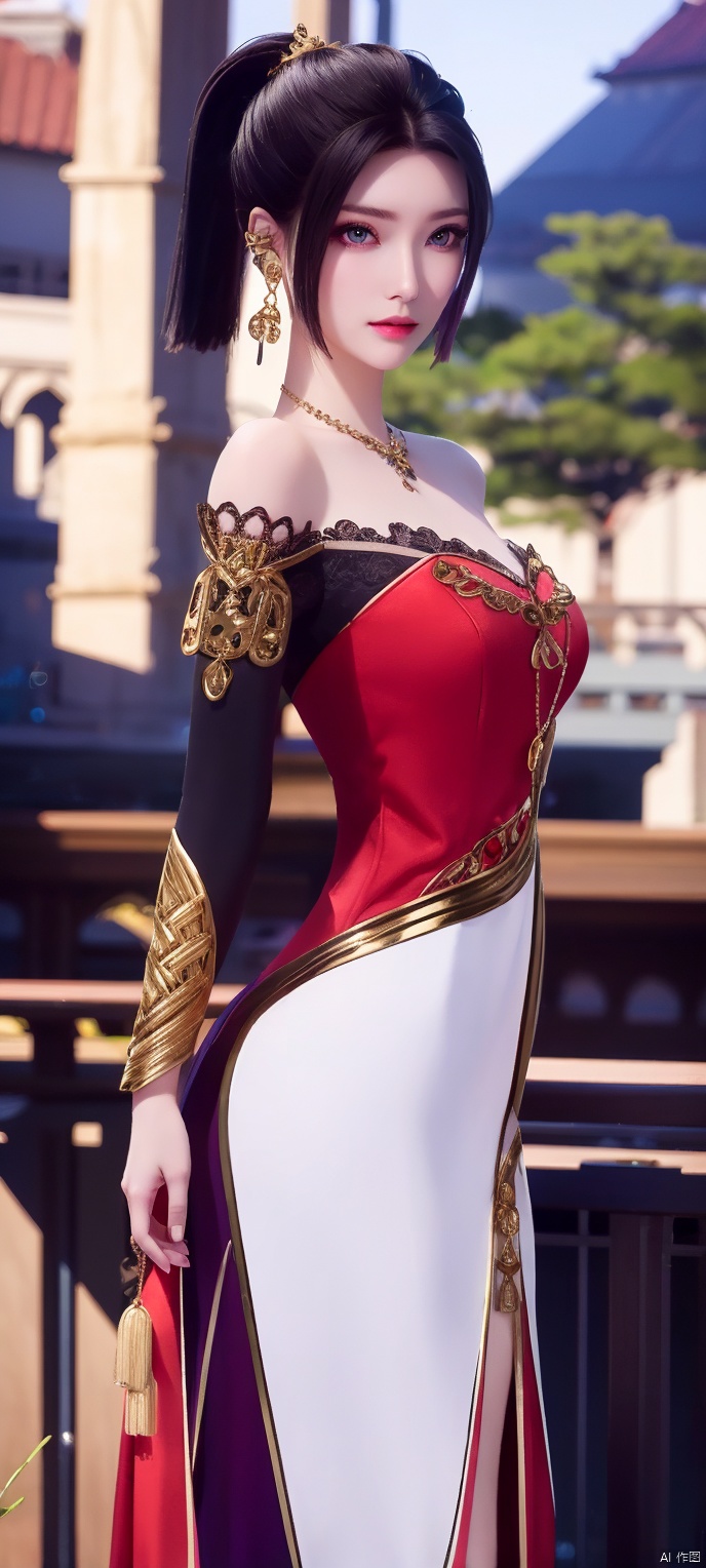 lingmeier, solo, red dress, jewelry, dress, looking at viewer, earrings, purple eyes, necklace, hair ornament, black hair, cowboy_shot, realistic,masterpiece,best quality