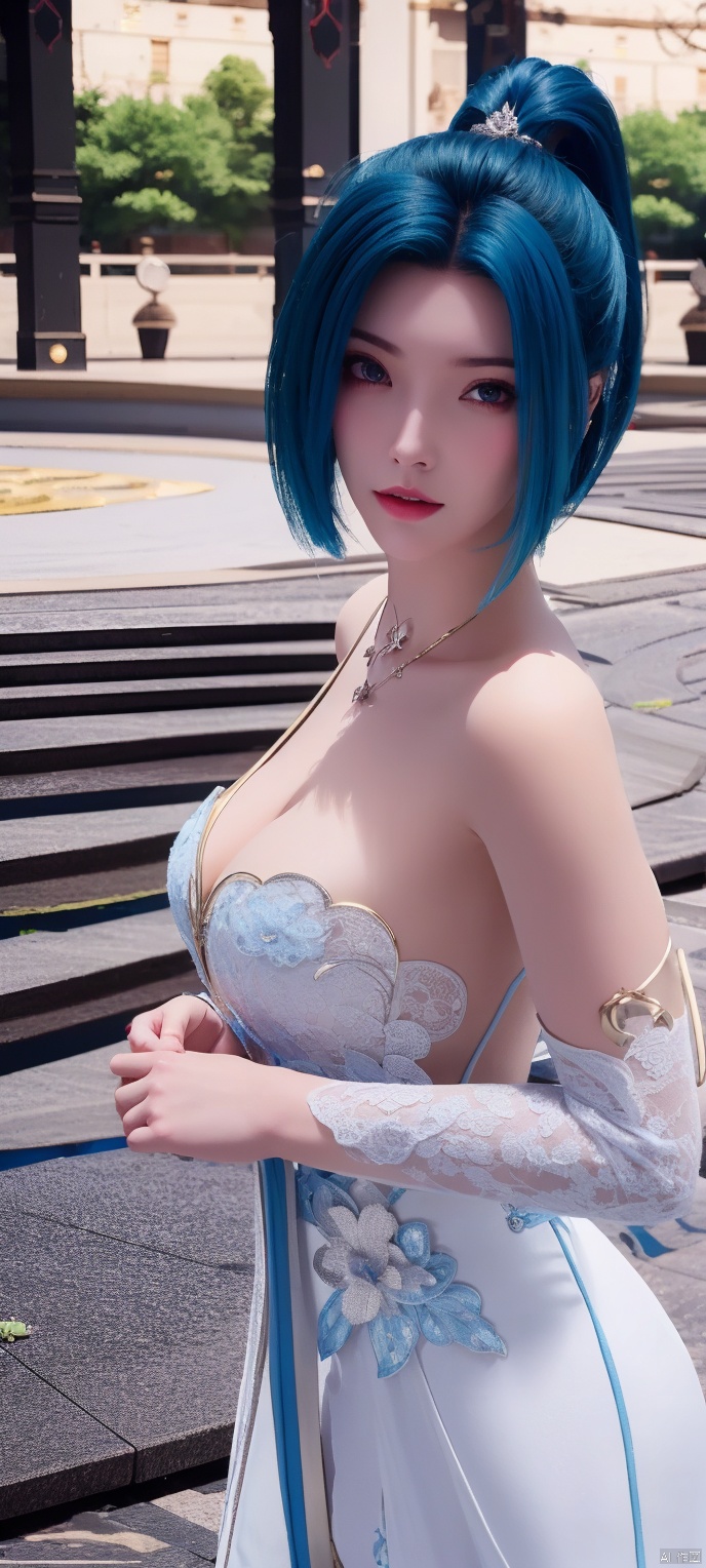 lingmeier, 1girl, blue wedding dress, (blue_hair:1.2) , solo, looking at viewer, cowboy_shot, realistic,masterpiece,best quality,