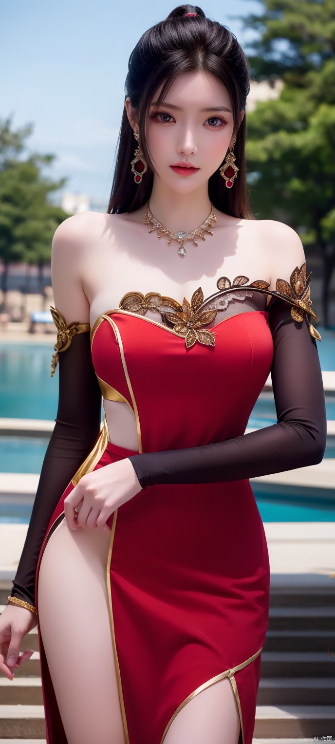 lingmeier, red dress, solo, jewelry, dress, looking at viewer, earrings, necklace, hair ornament, black hair, cowboy_shot, realistic,masterpiece,best quality