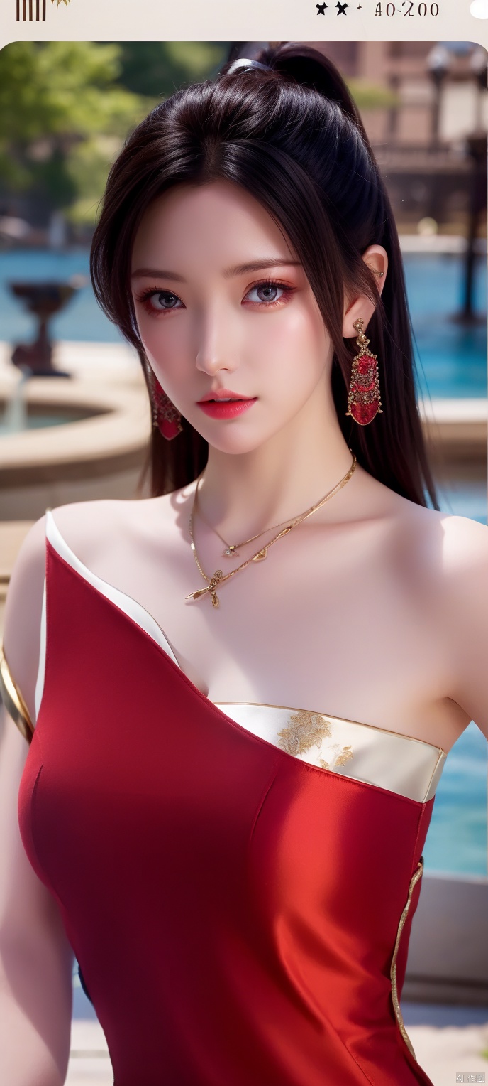 lingmeier, red dress, solo, jewelry, dress, looking at viewer, earrings, necklace, hair ornament, black hair, cowboy_shot, realistic,masterpiece,best quality
