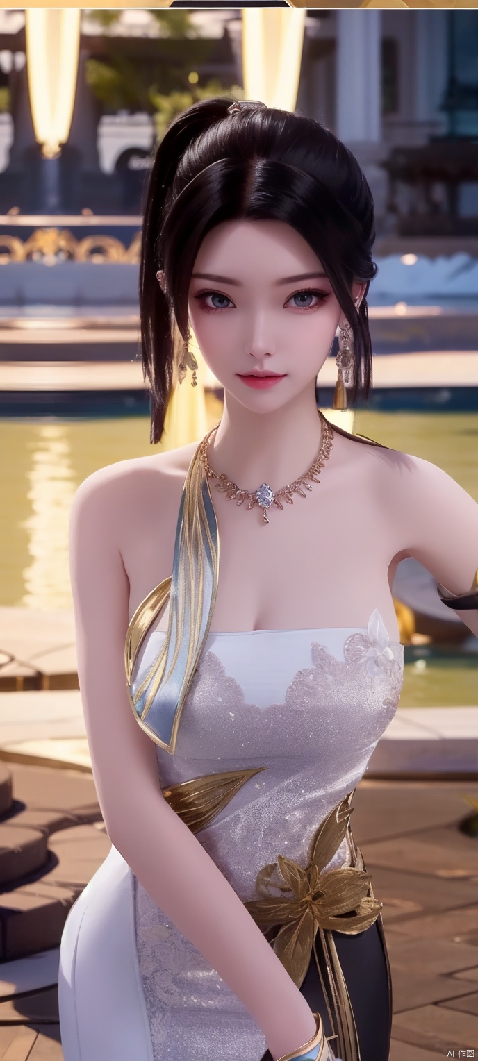 lingmeier, solo, jewelry, looking at viewer, earrings, necklace, hair ornament, black hair, cowboy_shot, standing ,realistic,masterpiece,best quality