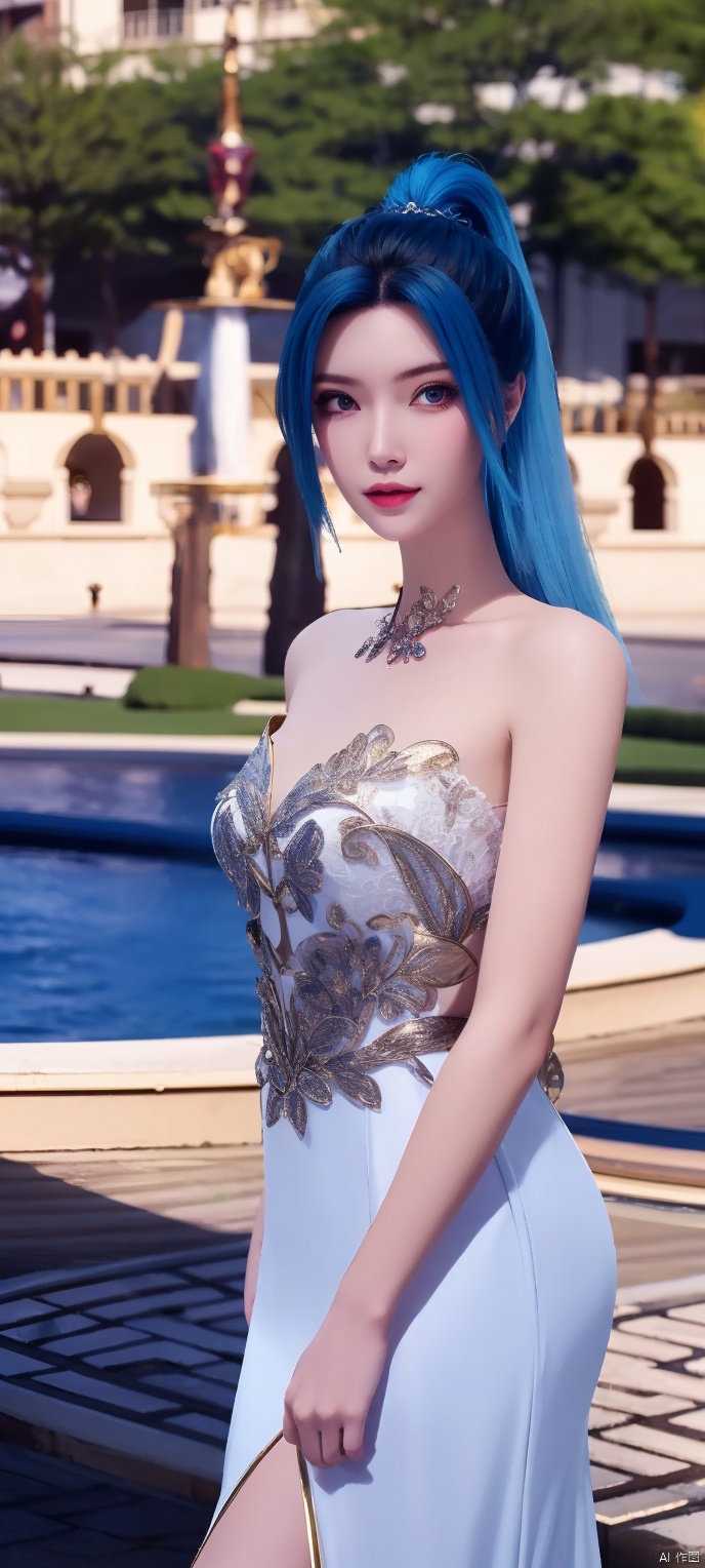 lingmeier, 1girl, blue wedding dress, (blue_hair:1.2) , solo, looking at viewer, cowboy_shot, realistic,masterpiece,best quality,