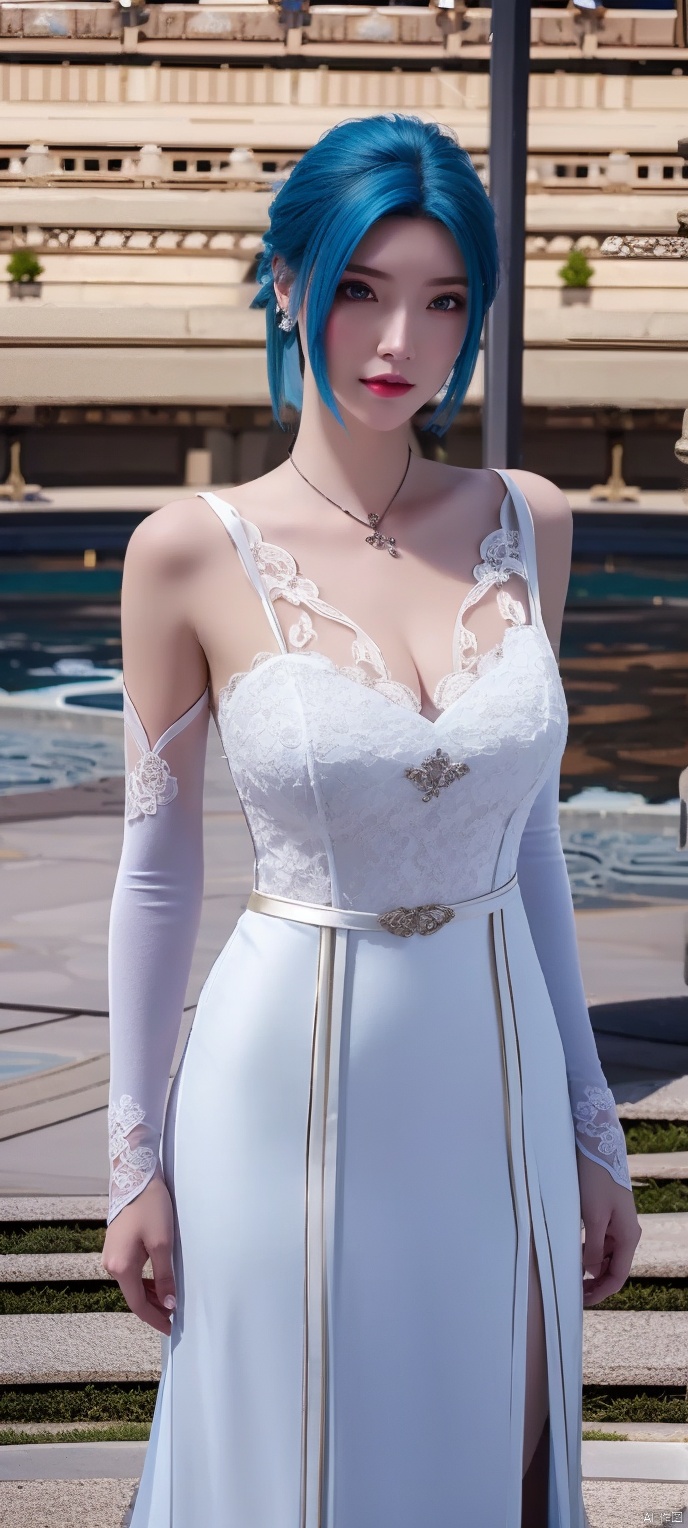 lingmeier, 1girl, blue wedding dress, (blue_hair:1.2) , solo, looking at viewer, cowboy_shot, realistic,masterpiece,best quality,