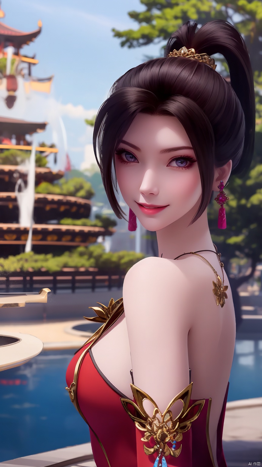 lingmeier, 1girl, dress, solo, jewelry, red dress, looking at viewer, earrings, necklace, hair ornament, black hair, from side, smile, bare shoulders, realistic,masterpiece,best quality,moyou