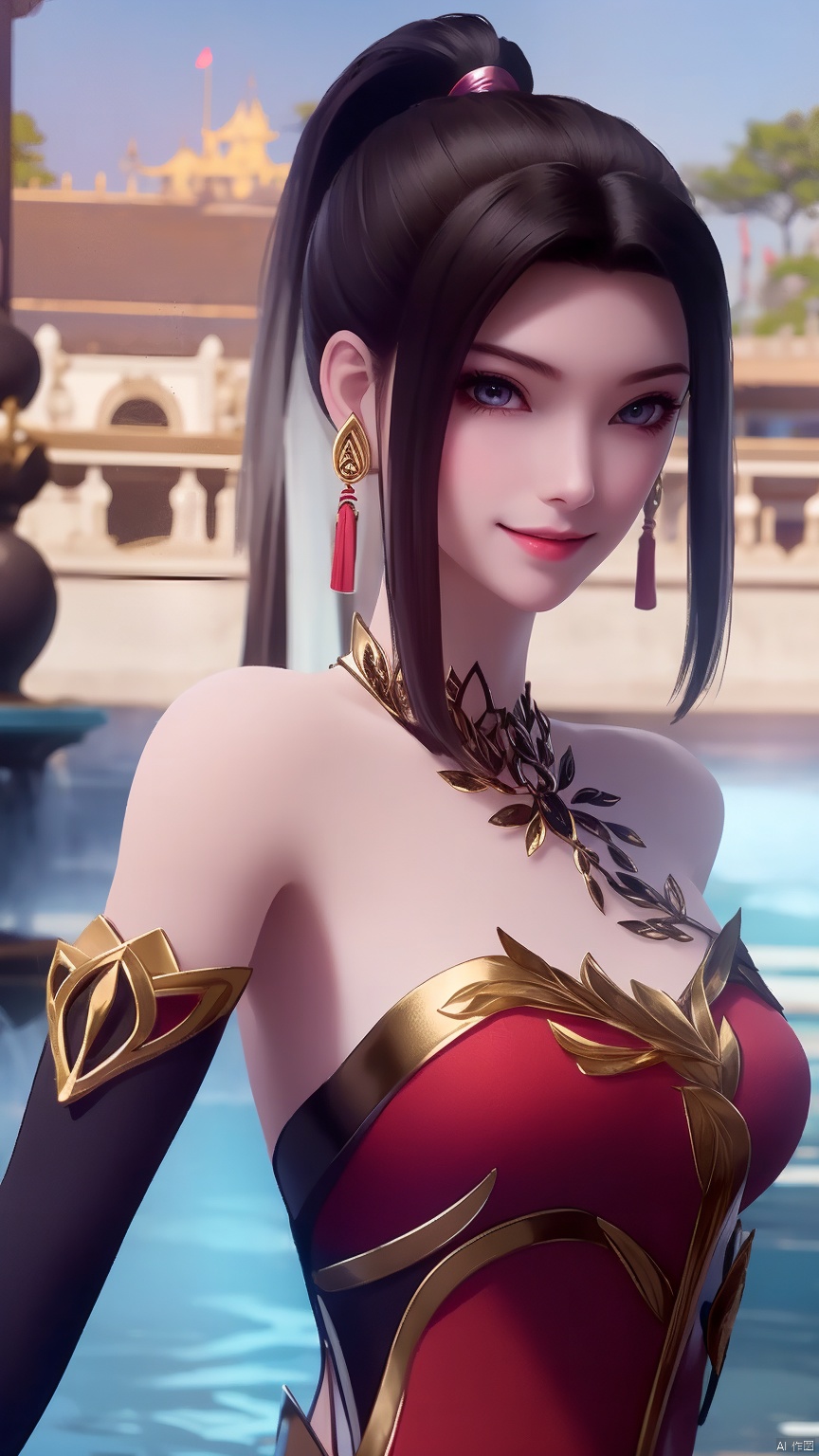 lingmeier, 1girl, dress, solo, jewelry, red dress, looking at viewer, earrings, necklace, hair ornament, black hair, upper body, smile, bare shoulders, realistic,masterpiece,best quality,moyou
