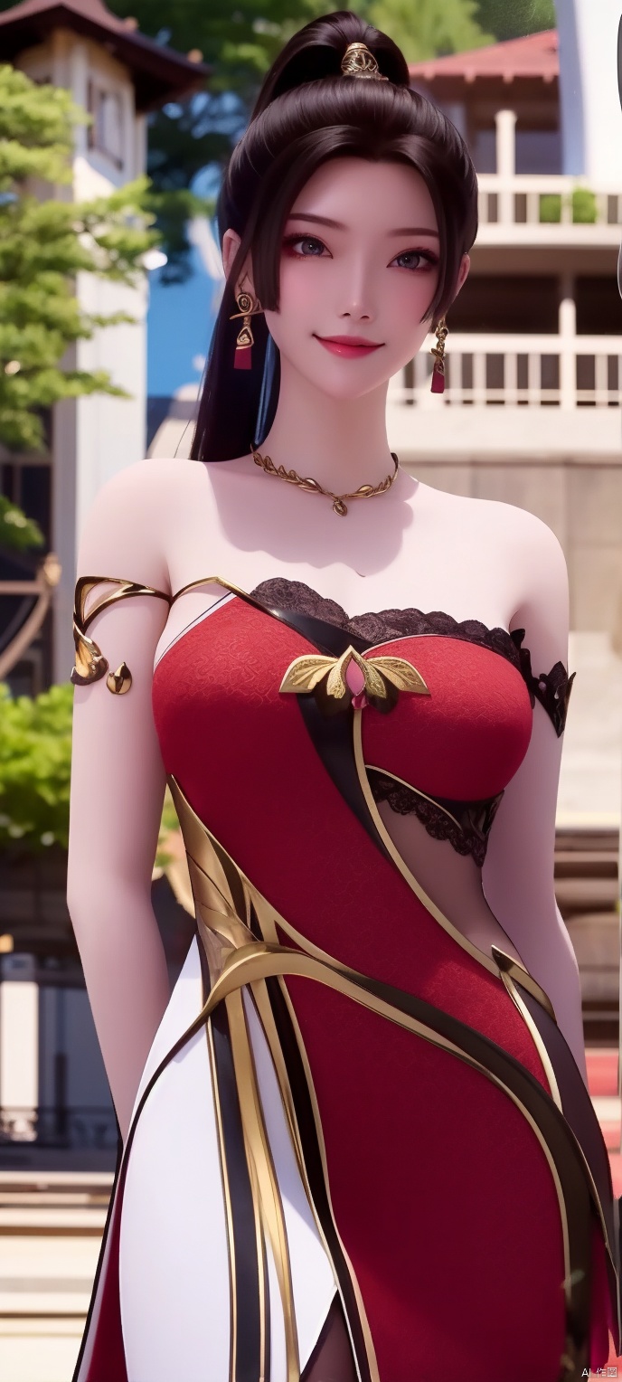 lingmeier, 1girl, dress, solo, jewelry, red dress, looking at viewer, earrings, necklace, hair ornament, black hair, upper body, smile, bare shoulders, realistic,masterpiece,best quality