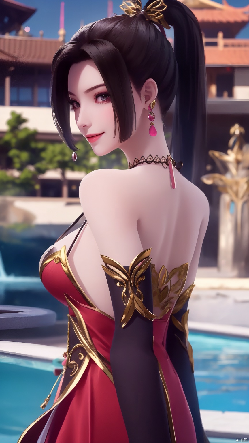 lingmeier, 1girl, dress, solo, jewelry, red dress, looking at viewer, earrings, necklace, hair ornament, black hair, from side, smile, bare shoulders, realistic,masterpiece,best quality,moyou