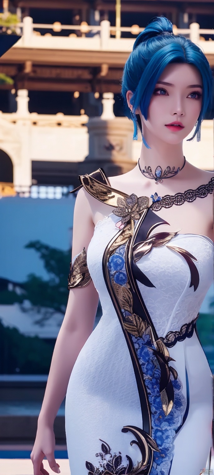 lingmeier, 1girl, blue wedding dress, (blue_hair:1.2) , solo, looking at viewer, cowboy_shot, realistic,masterpiece,best quality,