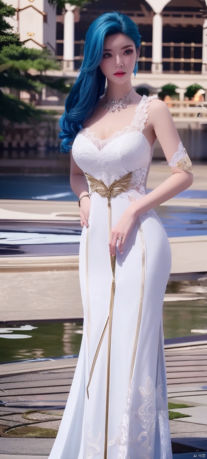 lingmeier, 1girl, blue wedding dress, (blue_hair:1.2) , solo, looking at viewer, cowboy_shot, realistic,masterpiece,best quality,